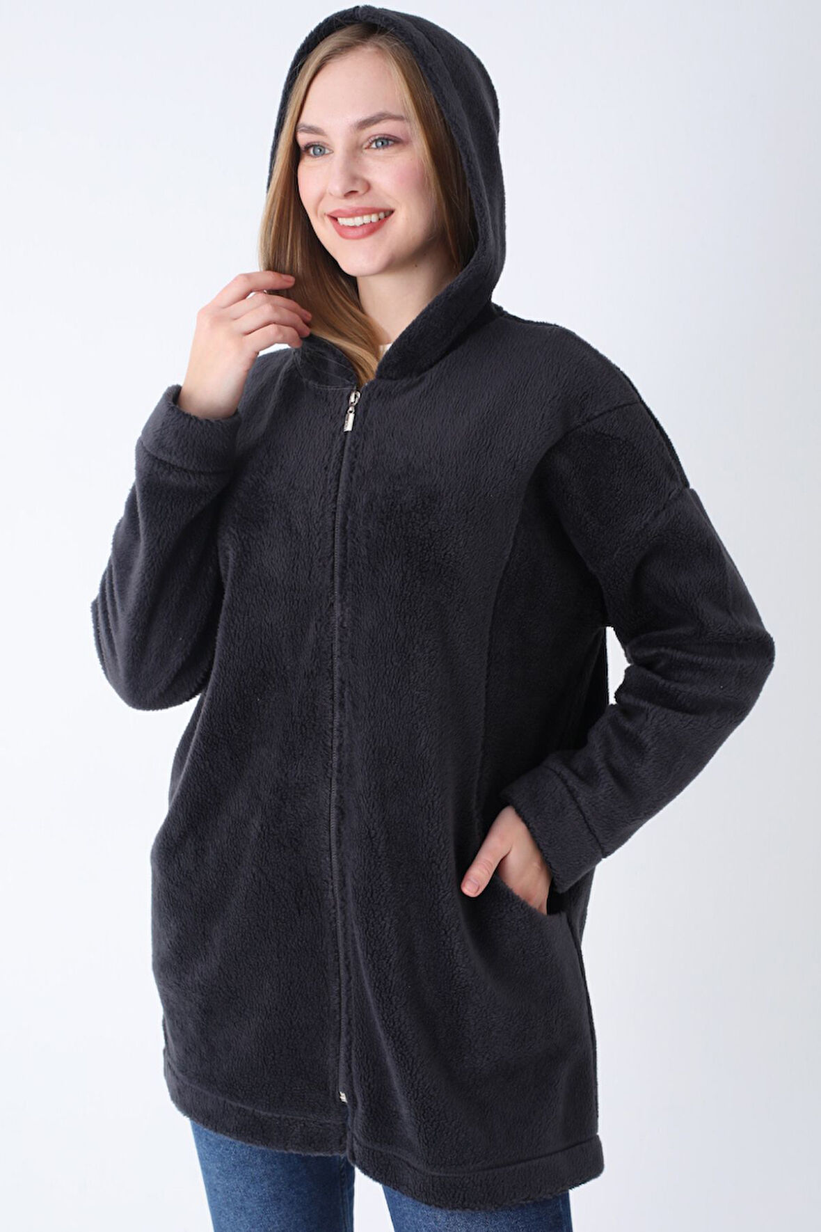 Kadın Antrasit Fermuarlı Kapüşonlu Cepli Oversize Peluş Hırka