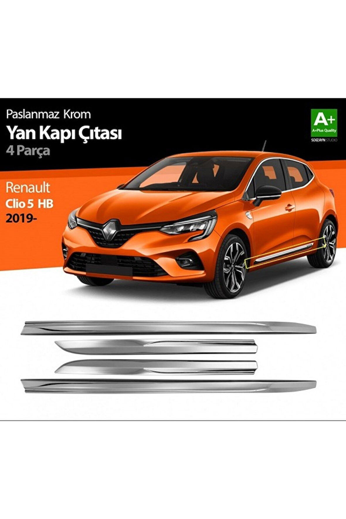 Renault Clio 5 2019 Ve Üzeri Krom Yan Kapı Çıtası 4 Parça Paslanmaz Çelik