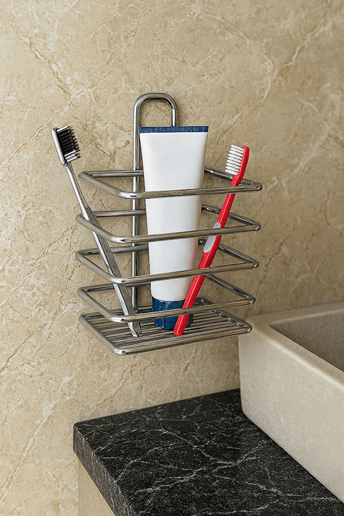 Krom Yapışkanlı Diş Fırçalık - Duvar Tipi, Çok Amaçlı Organizer - Paslanmaz Metal - DŞ-01