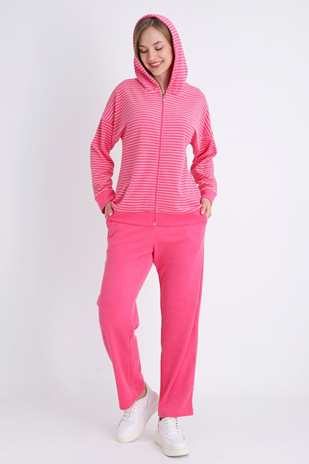 Kadın Pembe Fermuarlı Cepli Uzun Kollu Pamuklu Alt Üst Takım