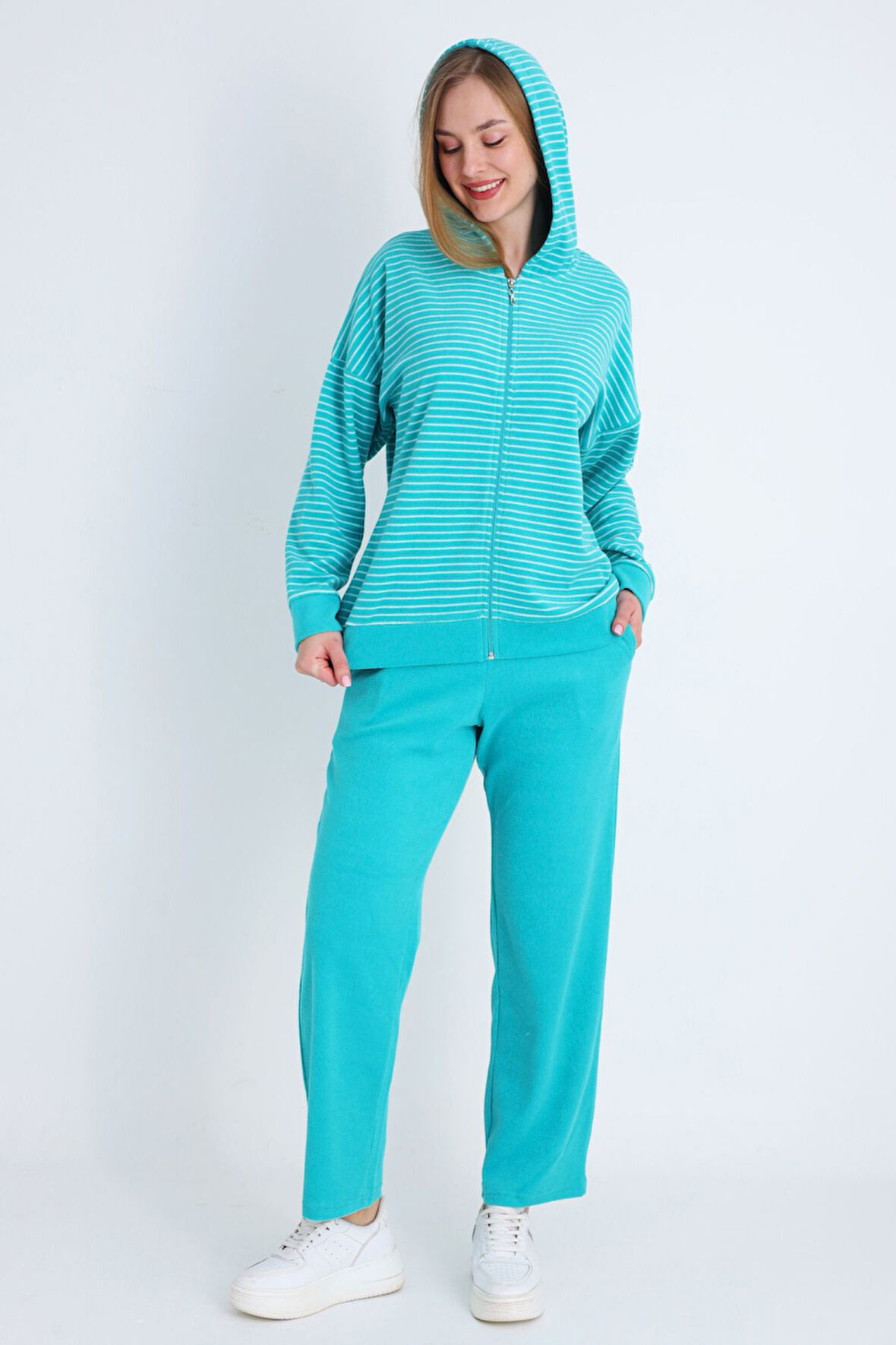 Kadın Pembe Fermuarlı Cepli Uzun Kollu Pamuklu Alt Üst Takım