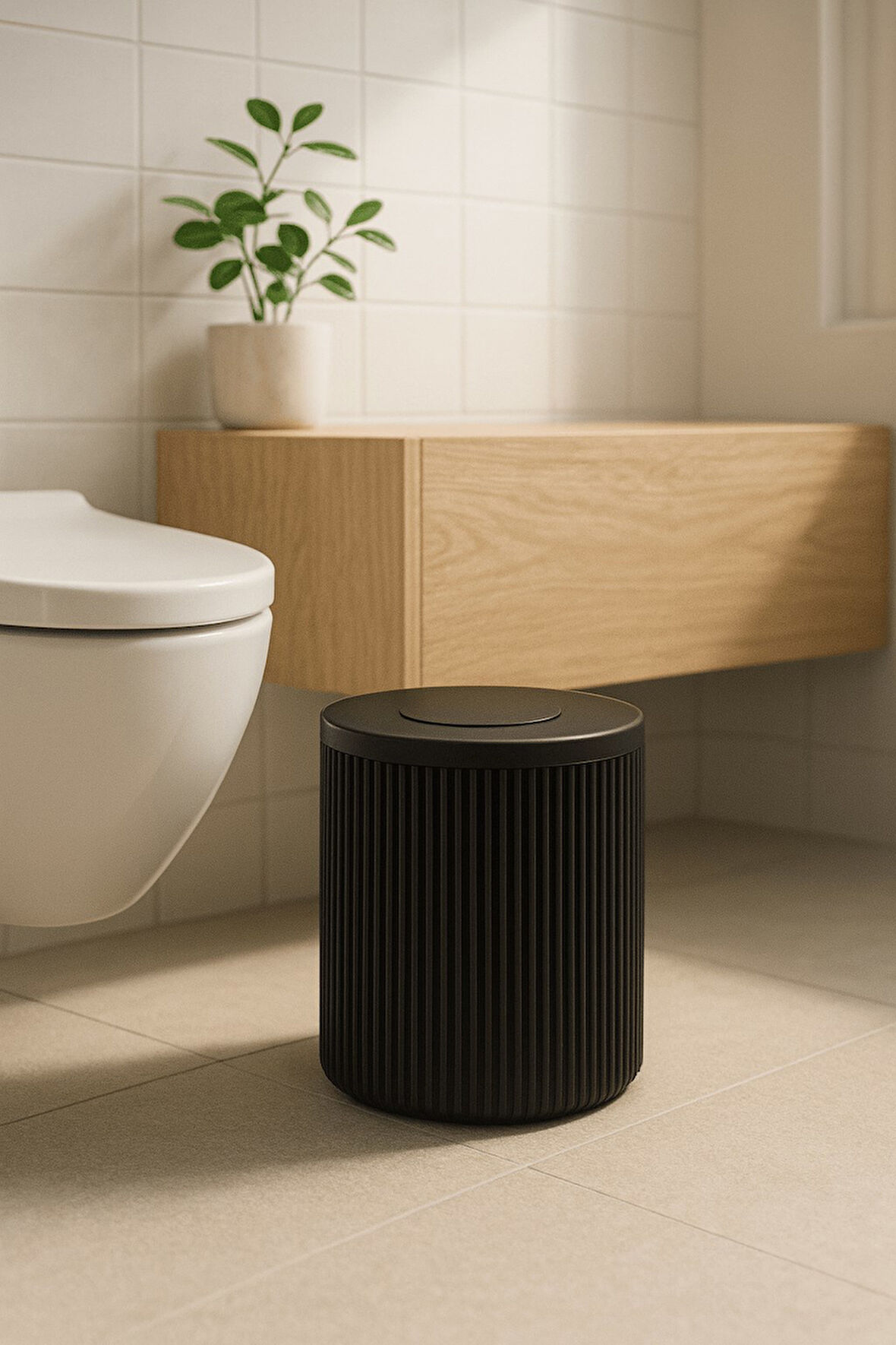 Lines Serisi Siyah Akrilik Çöp Kovası – Silindir, 5 Litre, 25cm, Kolay Temizlenir - 3372