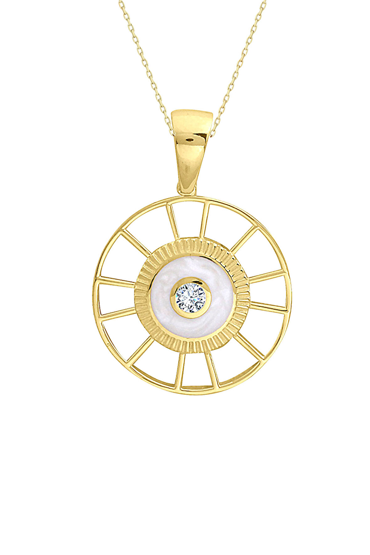 Beyaz Mineli Yuvarlak Spor Taşlı Altın Kolye