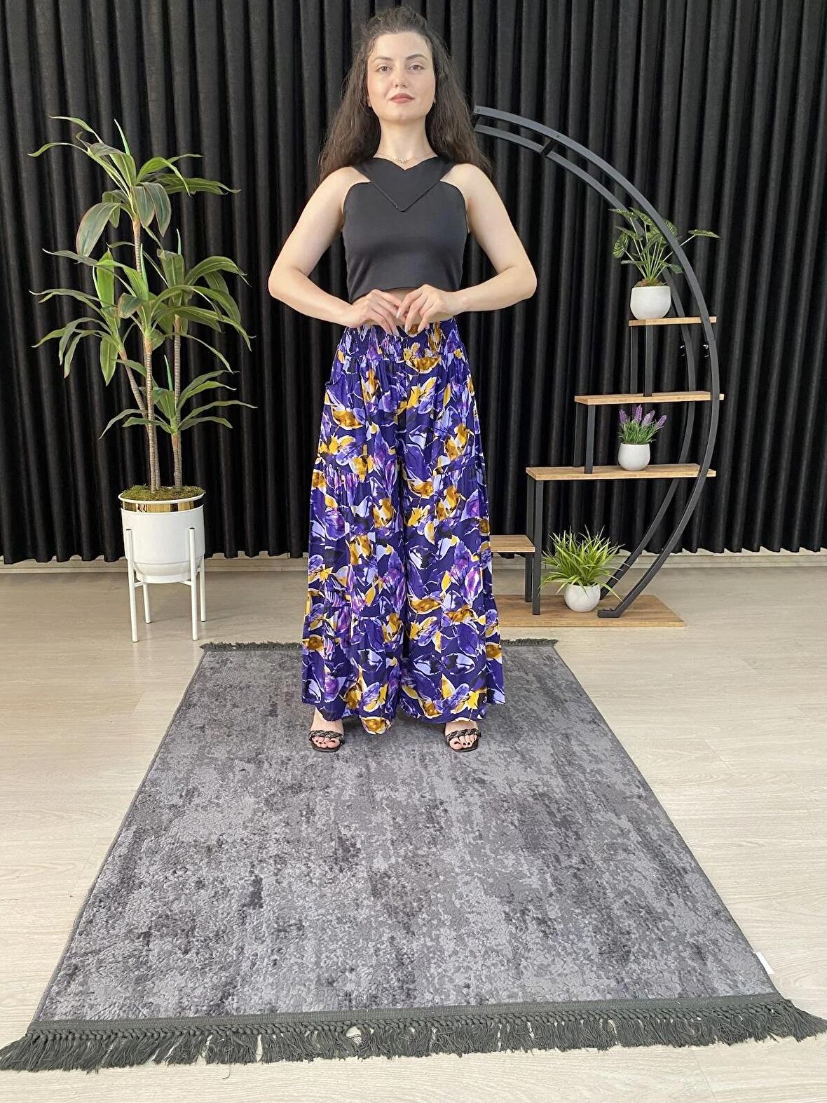 ESPOİRPLUS KADIN MOR ÇİÇEK  DESENLİ BÜZGÜLÜ LİKRALI DOKUMA PANTOLON ETEK