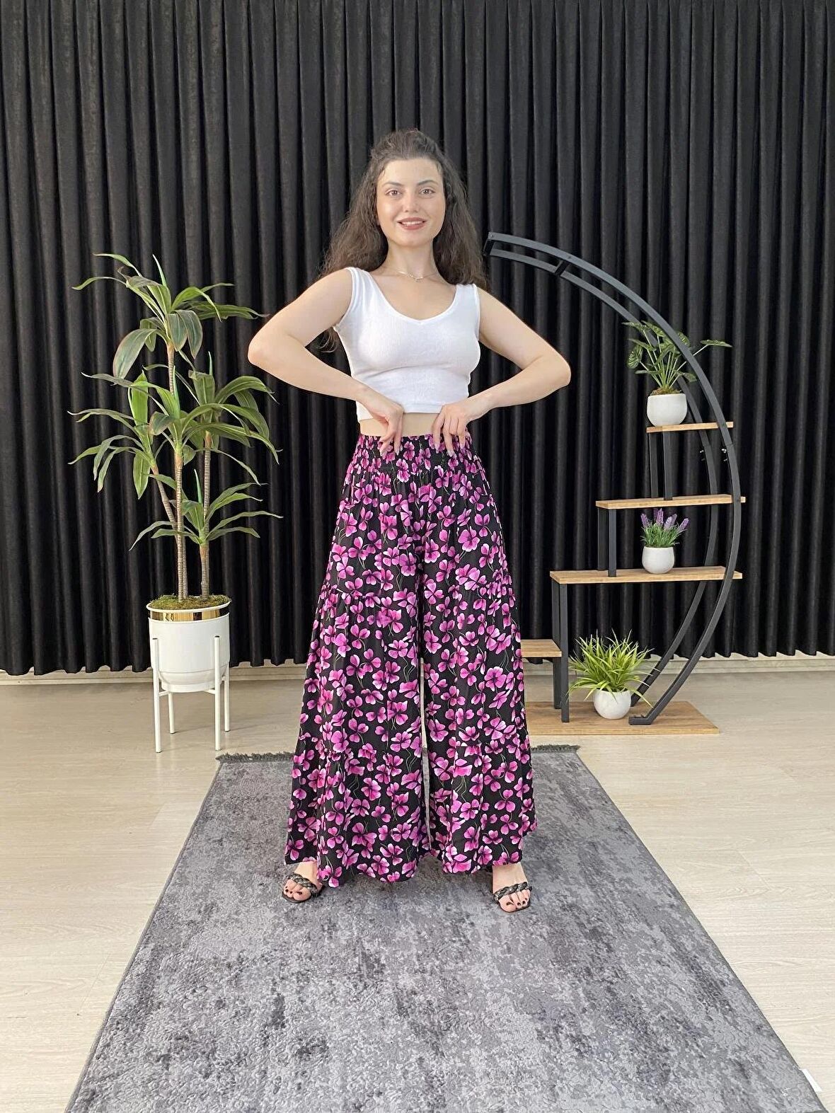 ESPOİRPLUS KADIN FUŞYA RENK YONCA DESENLİ BÜZGÜLÜ LİKRALI DOKUMA PANTOLON ETEK