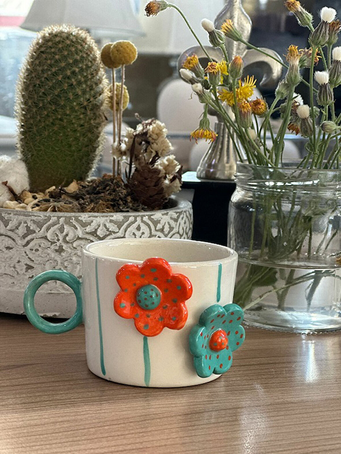 İki Çiçekli Elyapımı Tekli Kahve Fincanı 150 ml