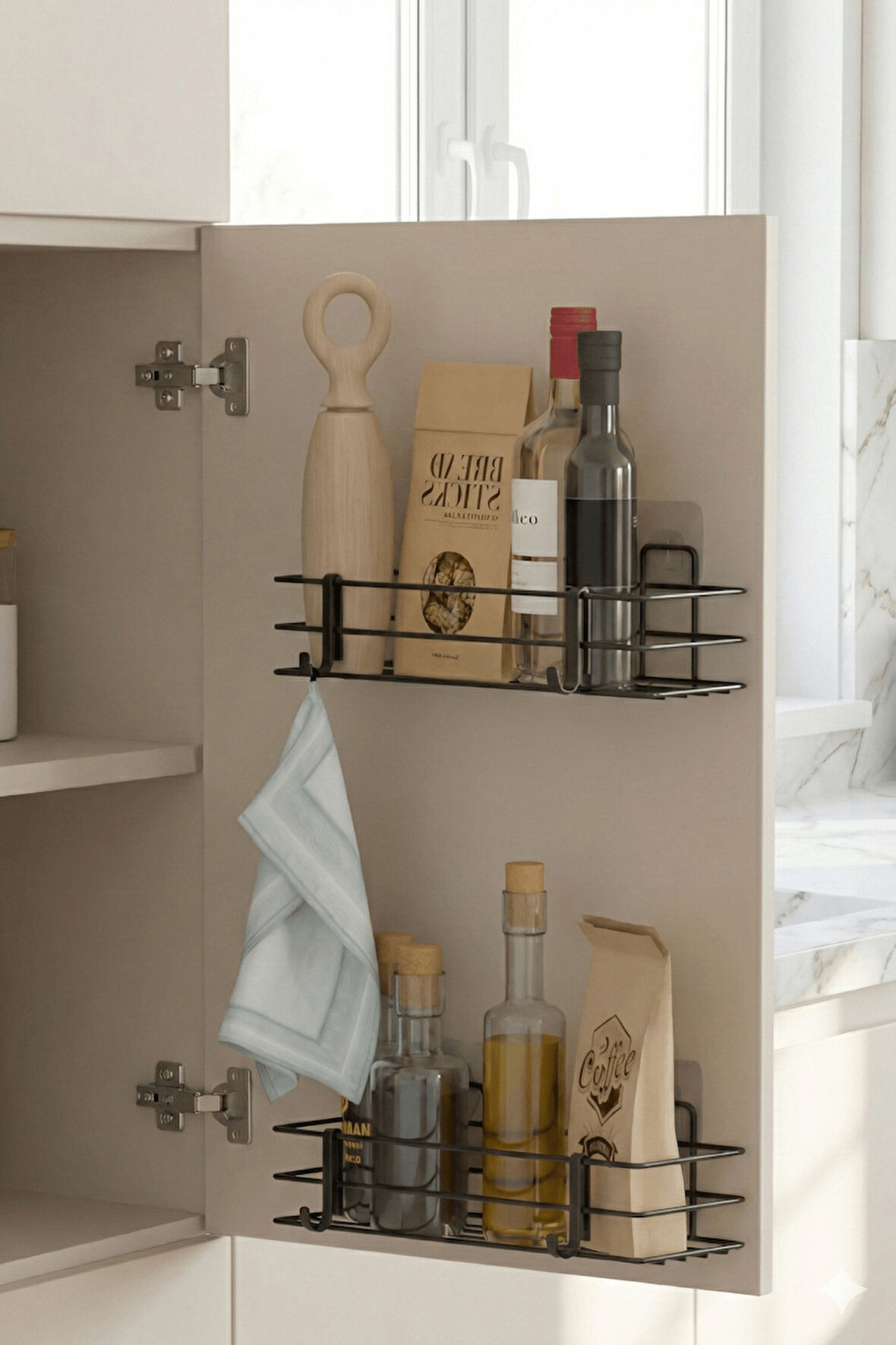 2'li Siyah Dolap Kapağı Yapışkanlı Raf Seti – Mutfak & Banyo Düzenleyici Metal Organizer