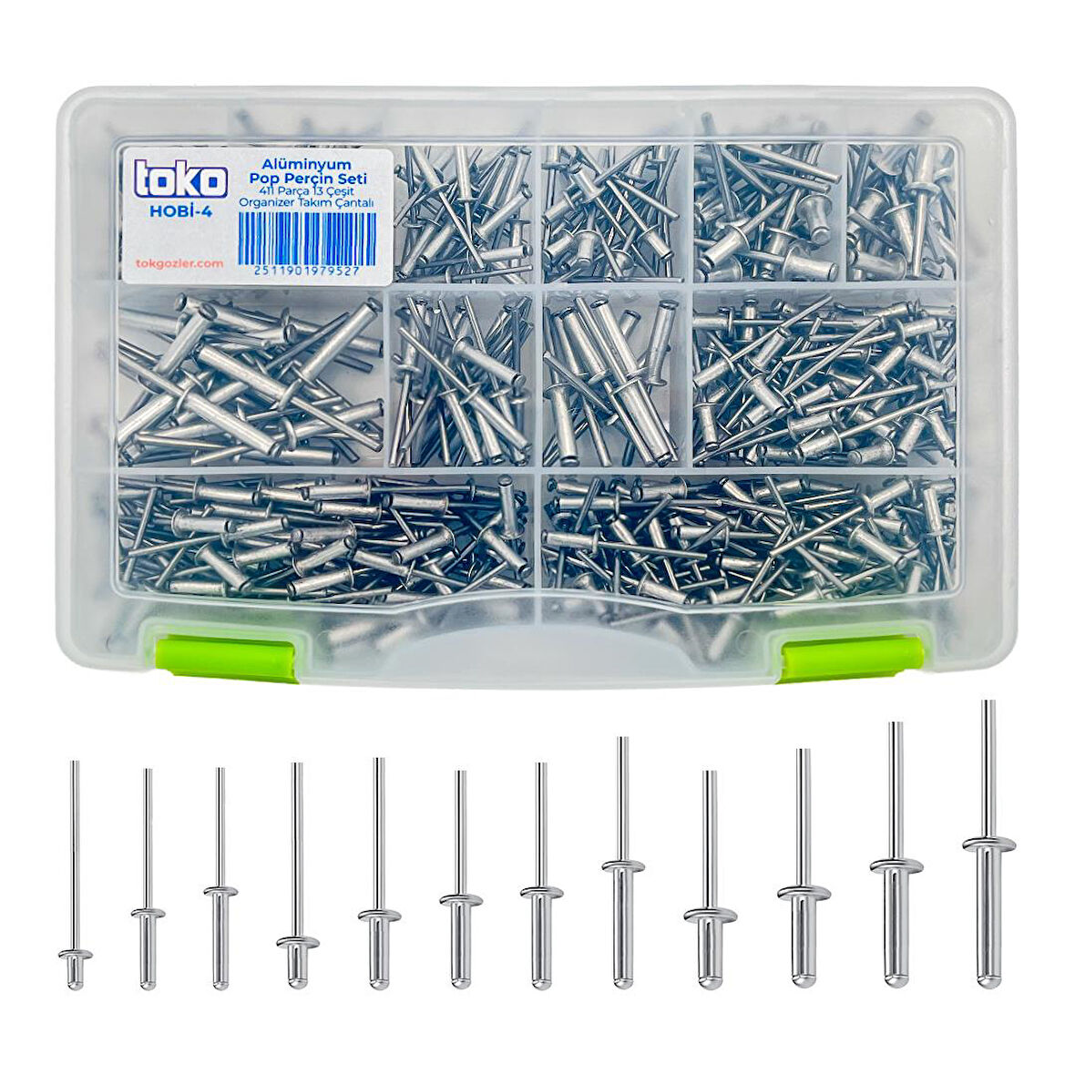 Toko Hobi-4 Alüminyum Pop Perçin Seti 411 Parça 13 Çeşit Organizer Takım Çantalı