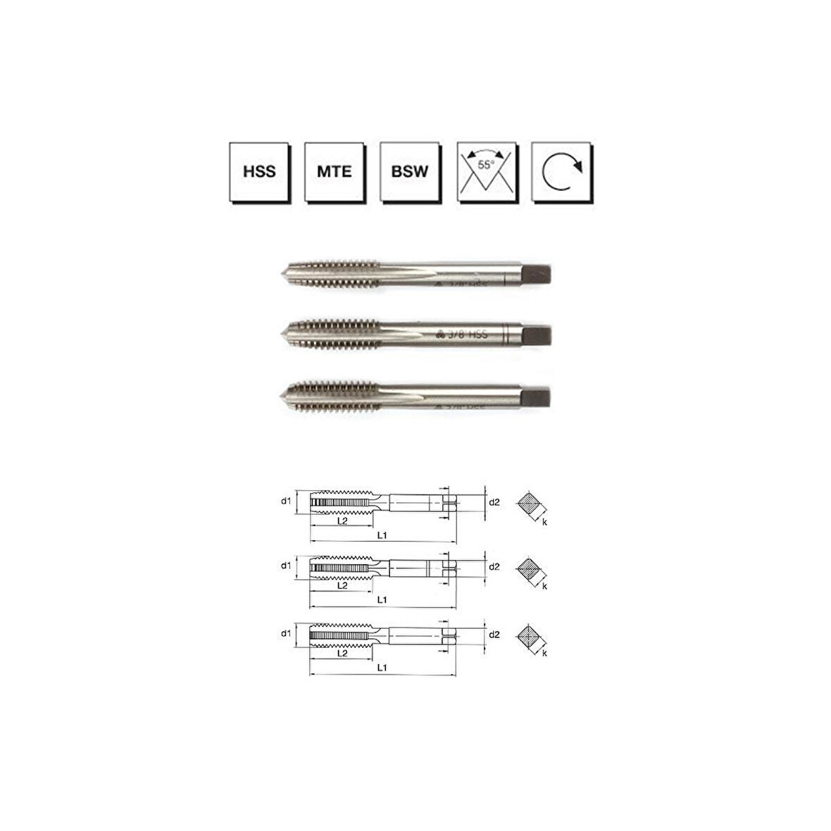 MTE Makina Takım W 7/16" HSS MTE Normu Whitworth Normal Vidalı 3'lü Takım Kılavuzu (El Kılavuzu) - B00100101111