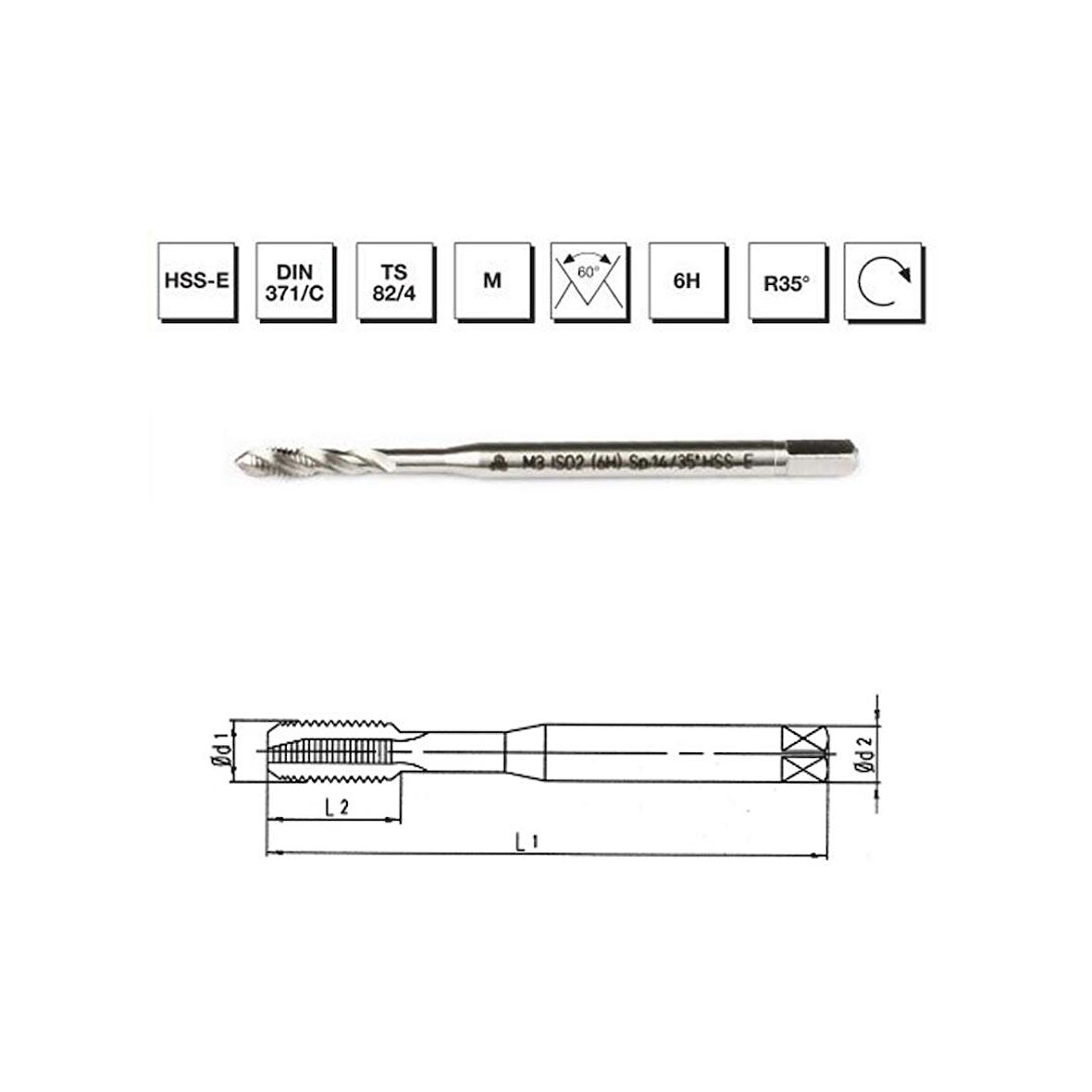 MTE Makina Takım M8 HSS - E DIN 371/C Metrik Normal Vidalı Helis Kanallı Makina Kılavuzu - B00105790137