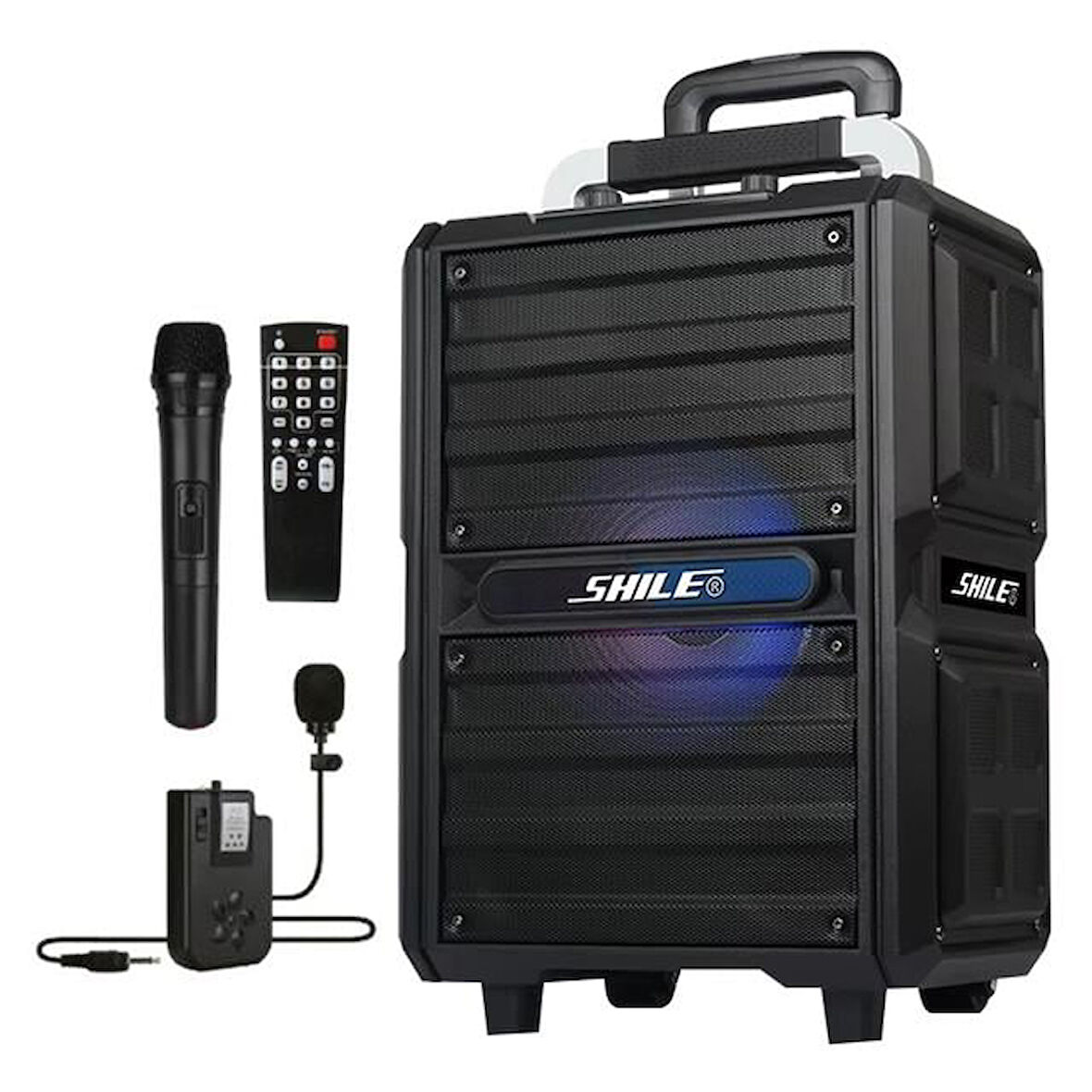 Shile SL-2017 50 Watt Taşınabilir Seyyar Aktif Amfi Hoparlör Kablosuz EL + Yaka Mikrofonlu USB+SD+BT Kumandalı