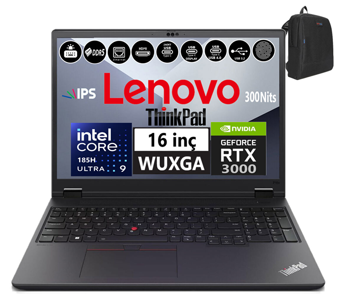 Lenovo Thinkpad Mws P16V V2 Intel Ultra-9 185H 16C 96GB 5600MHZ 4tb SSD SSD Nvıdıa 8GB/RTX3000ADA W11PRO Workstation Bilgisayar WS21KX001STX16+ZETTAÇANTA
