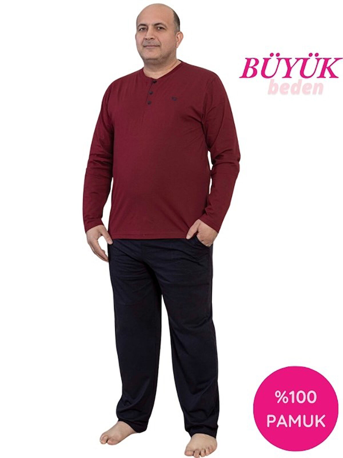 Erkek Büyük Beden 3 Düğmeli %100 Pamuk Mevsimlik Uzun Kollu Cepli Pijama Takımı