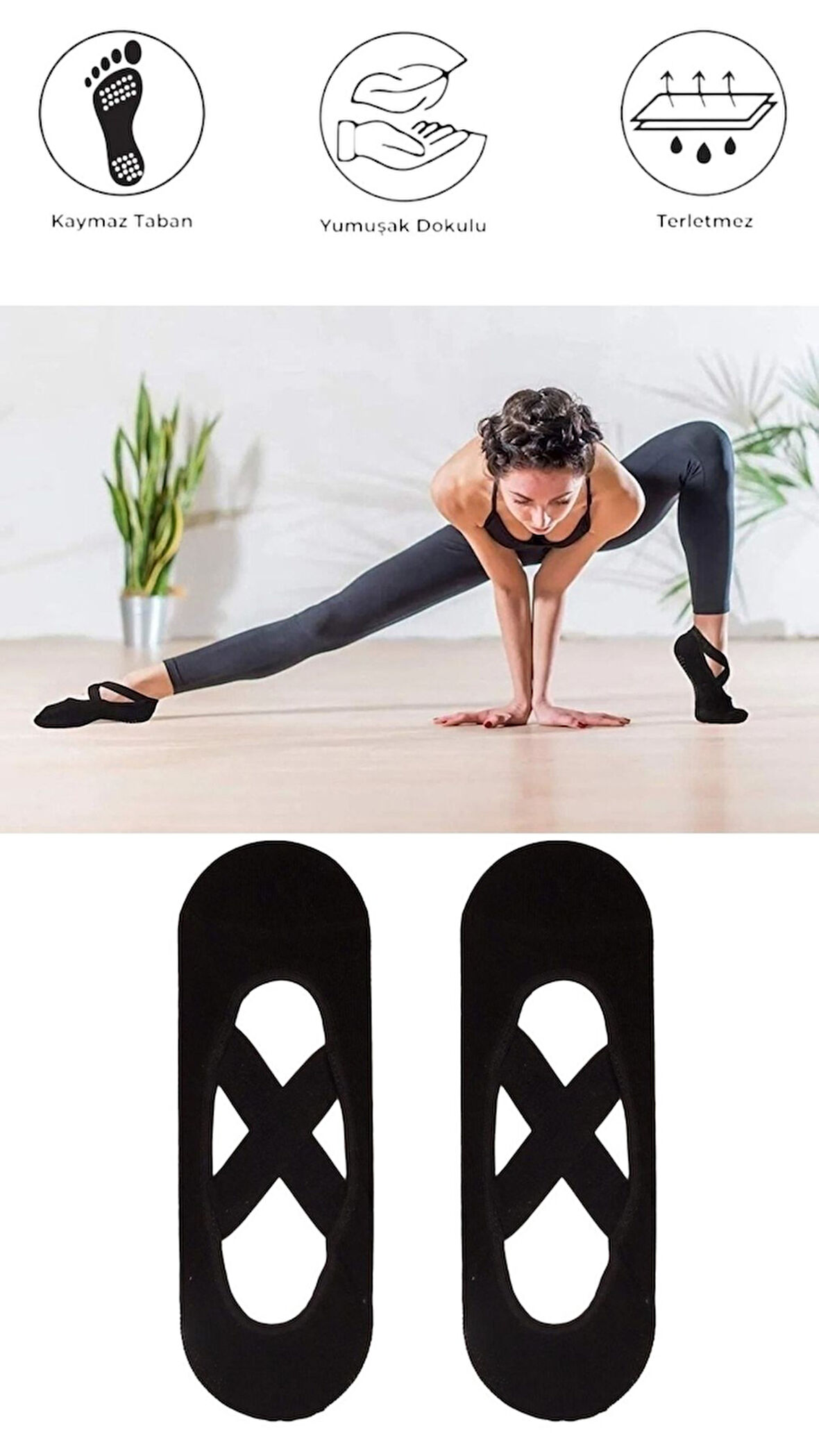 2 Adet Bayan Kaydırmaz Tabanlı Yoga Pilates Fitness Dans ve Spor Çorabı