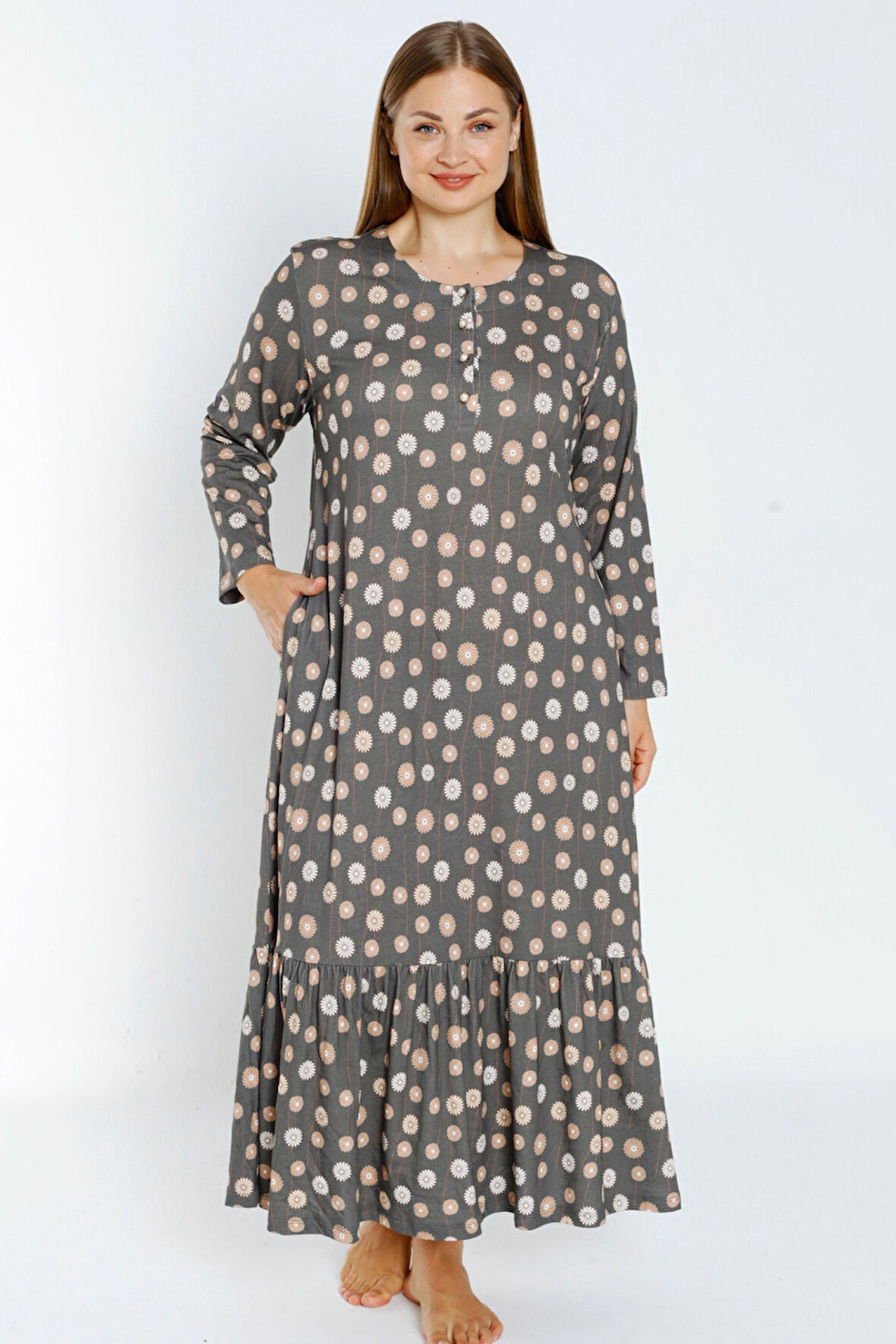 desenli uzun kollu düğmeli cepli kadın büyük beden pamuklu elbise