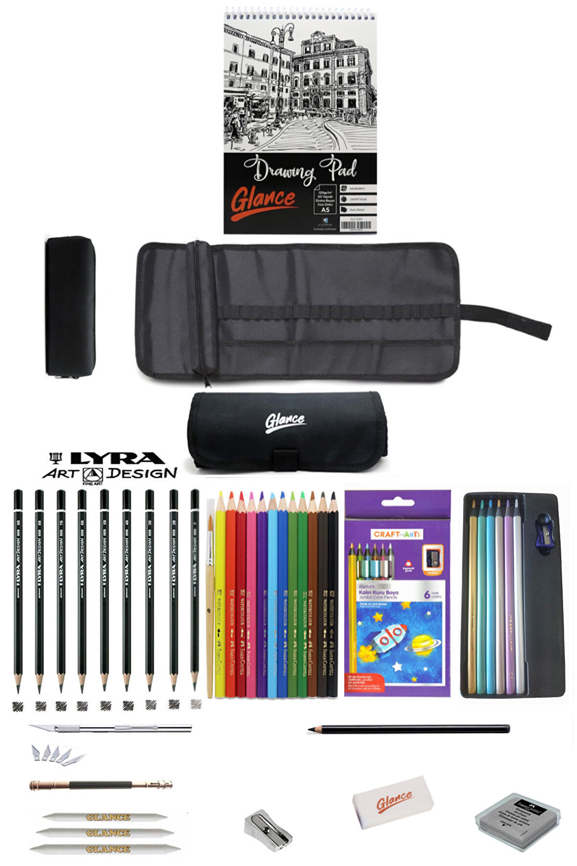 Eskiz Defteri Lyra Dereceli Craft 6lı Jumbo Metalik Kuruboya Sulu Kuruboya Kalem Çantalı Eskiz Set