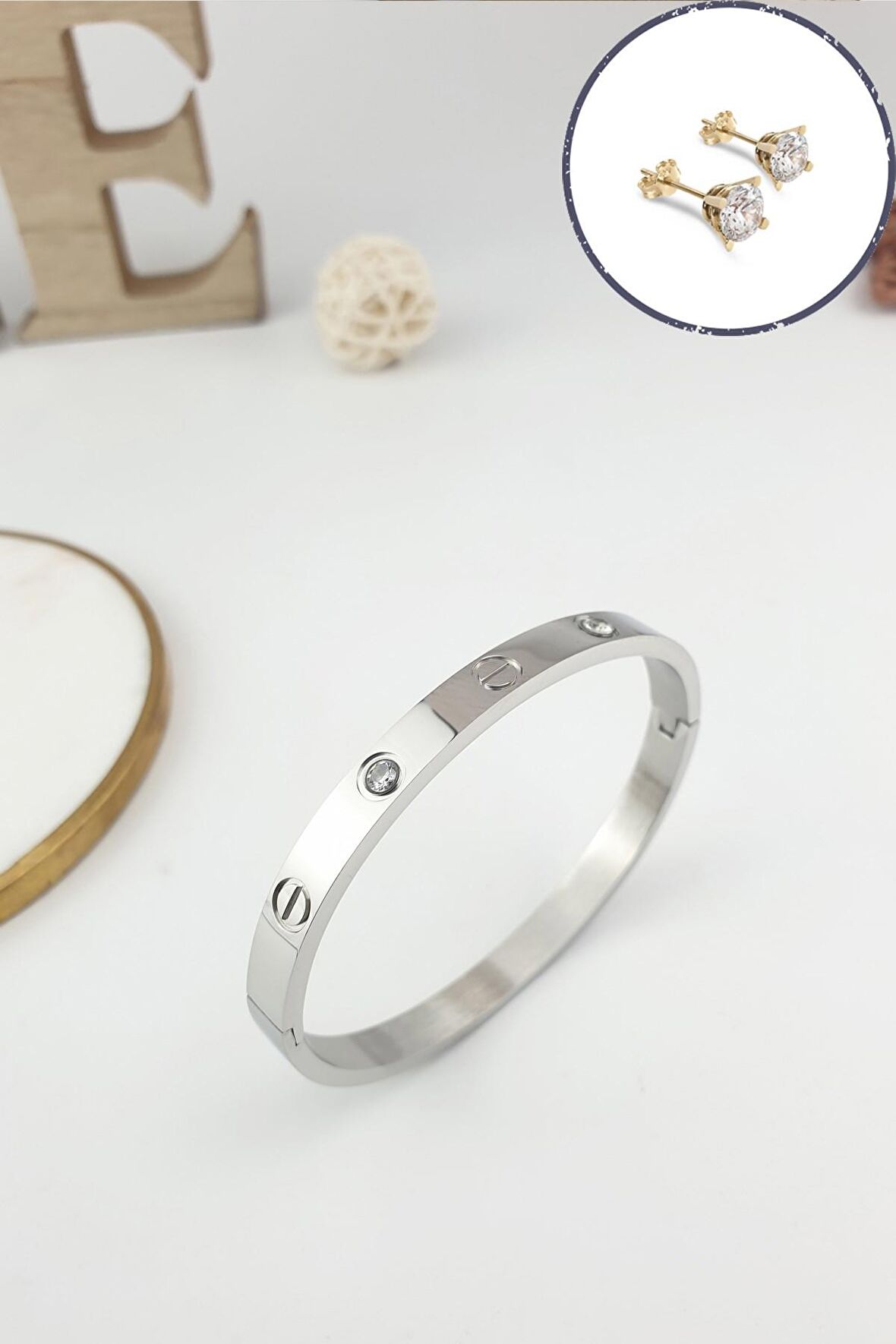 %100 Çelik Taşlı Kelepçe Bileklik (316 Steel) Zirkon Taşlı Küpe Hediyeli B500