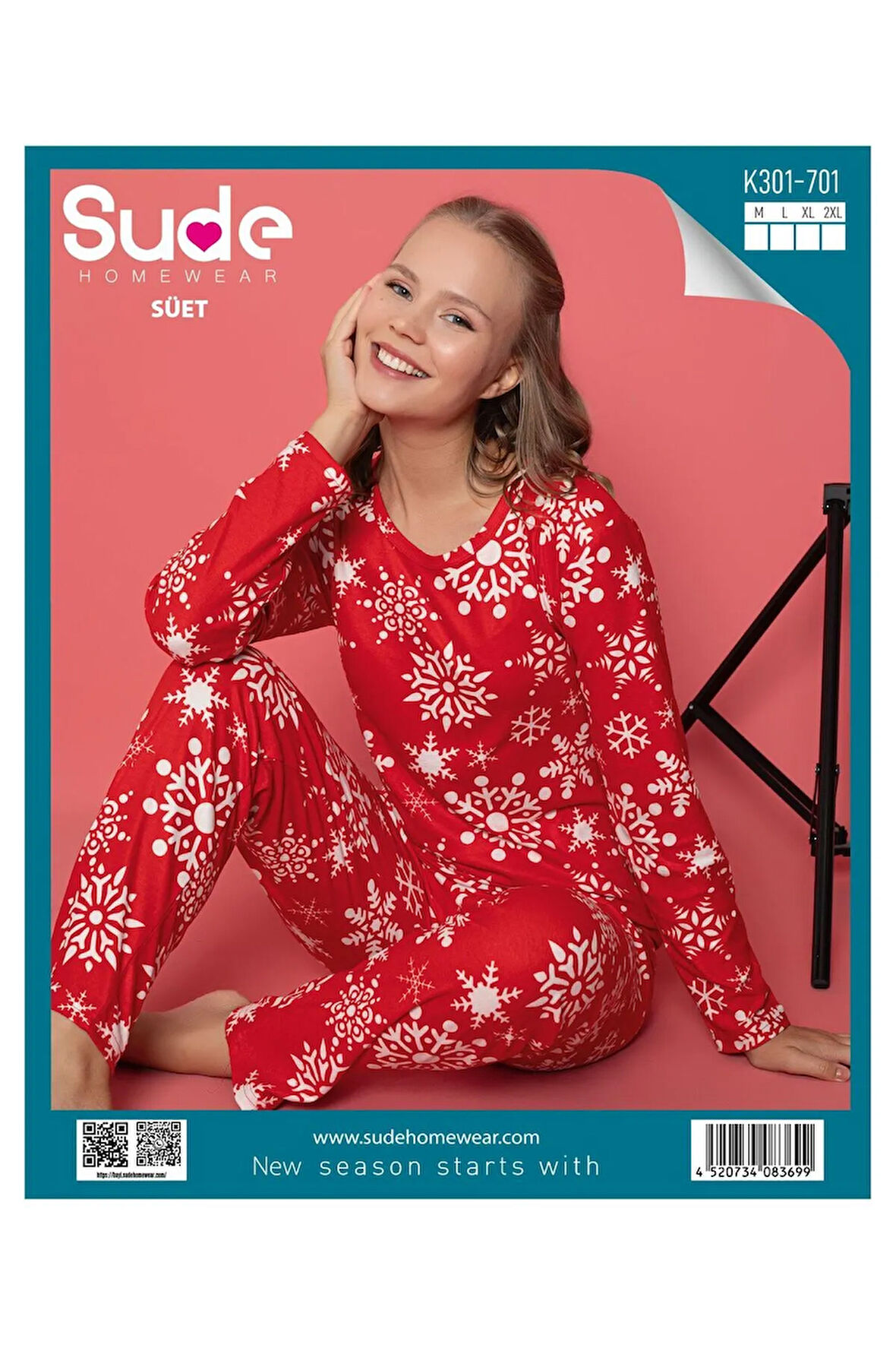 Kadın Süet Uzun Kollu Yılbaşı Desenli Pijama Takımı