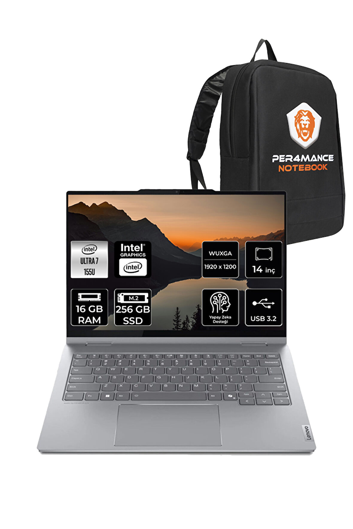 LENOVO ThinkBook 14 Ultra 7 155U 16GB 256GB SSD 14" FDOS WUXGA Dokunmatik 2'si 1 Arada & PER4 ÇANTA