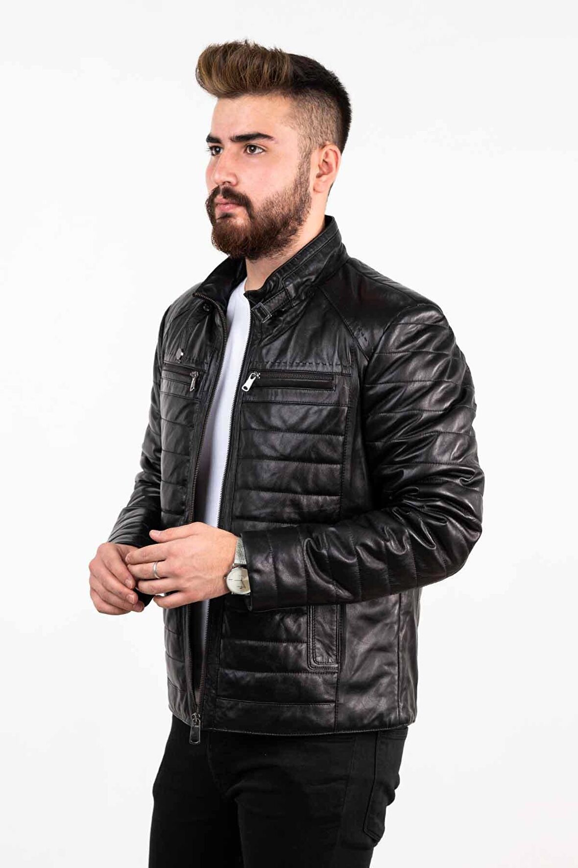 Siyah Şişme Erkek Deri Mont