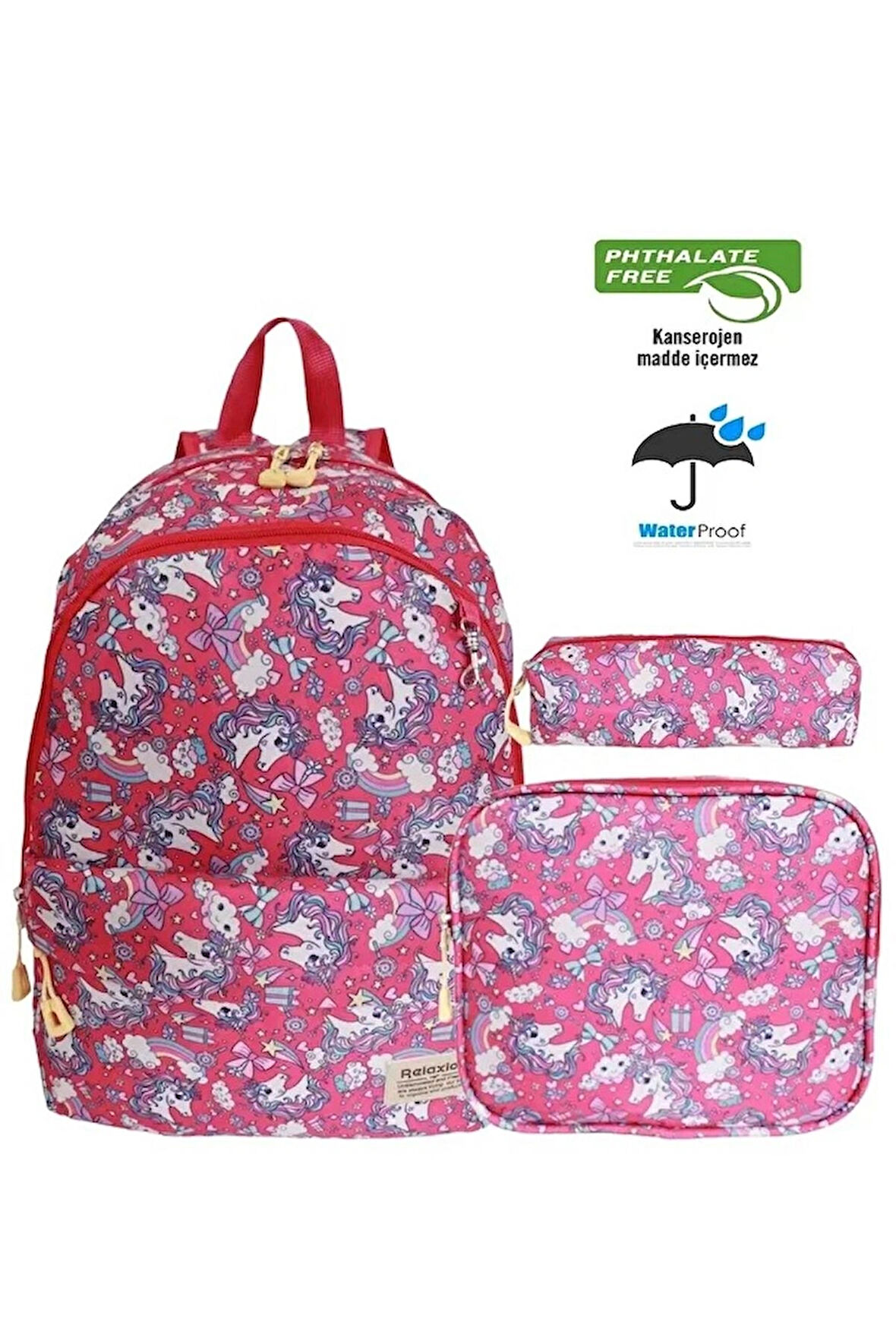 Relaxion İlkokul Okul Sırt Çantası Beslenme Çanta ve Kalem Kutusu Seti