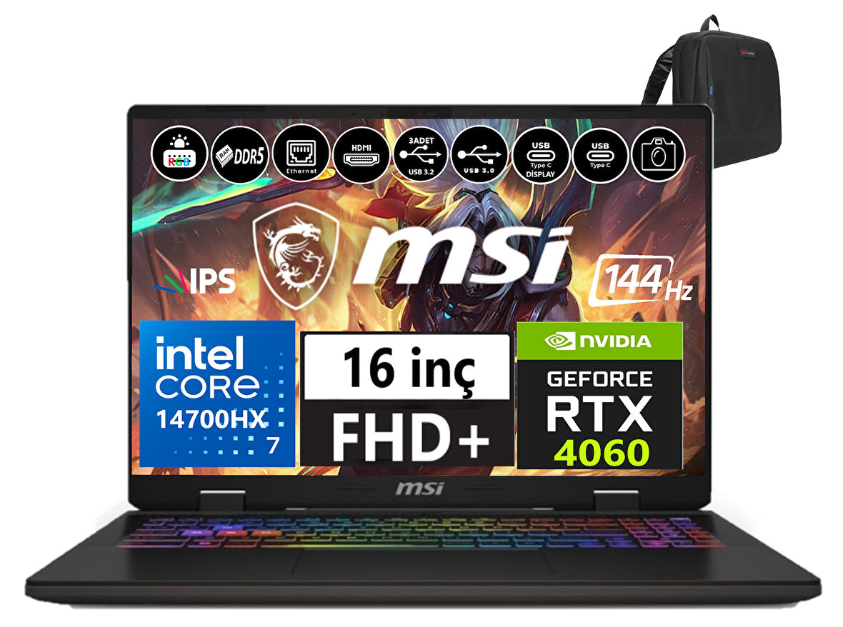 Msı Nb Sword 16 Hx Intel Core I7-14700HX 24GB Ddr5 1tb SSD 8GB/RTX4060 115W WINDOWS11PRO 16" 144Hz Fhd+ Taşınabilir Bilgisayar SWB14VEKG-061XTR42+WEBLEGELSINÇANTA