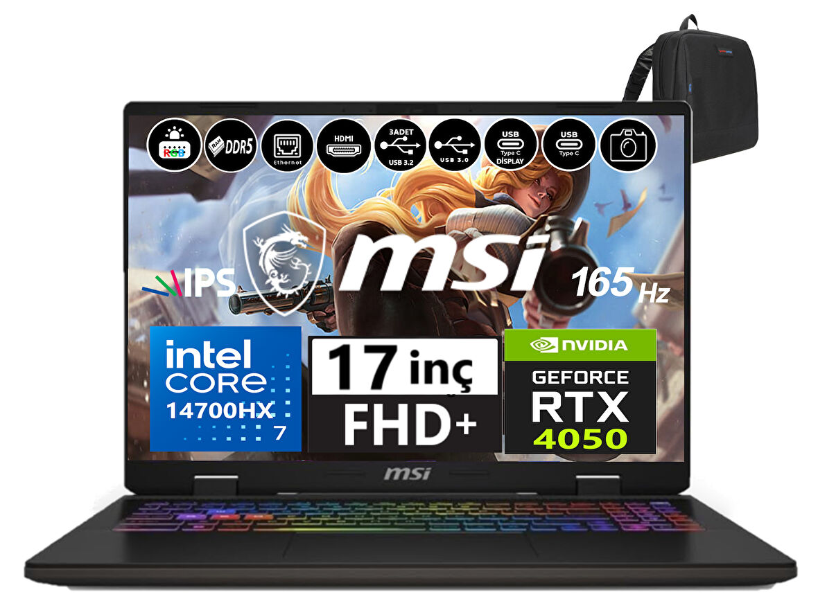 Msı Nb Sword 17 Hx Intel Core I7-14700HX 24GB Ddr5 1tb SSD 6GB/RTX4050 105W WINDOWS11HOME 17" 165Hz Fhd+ Taşınabilir Bilgisayar SWB14VEKG-053XTR22+WEBLEGELSINÇANTA