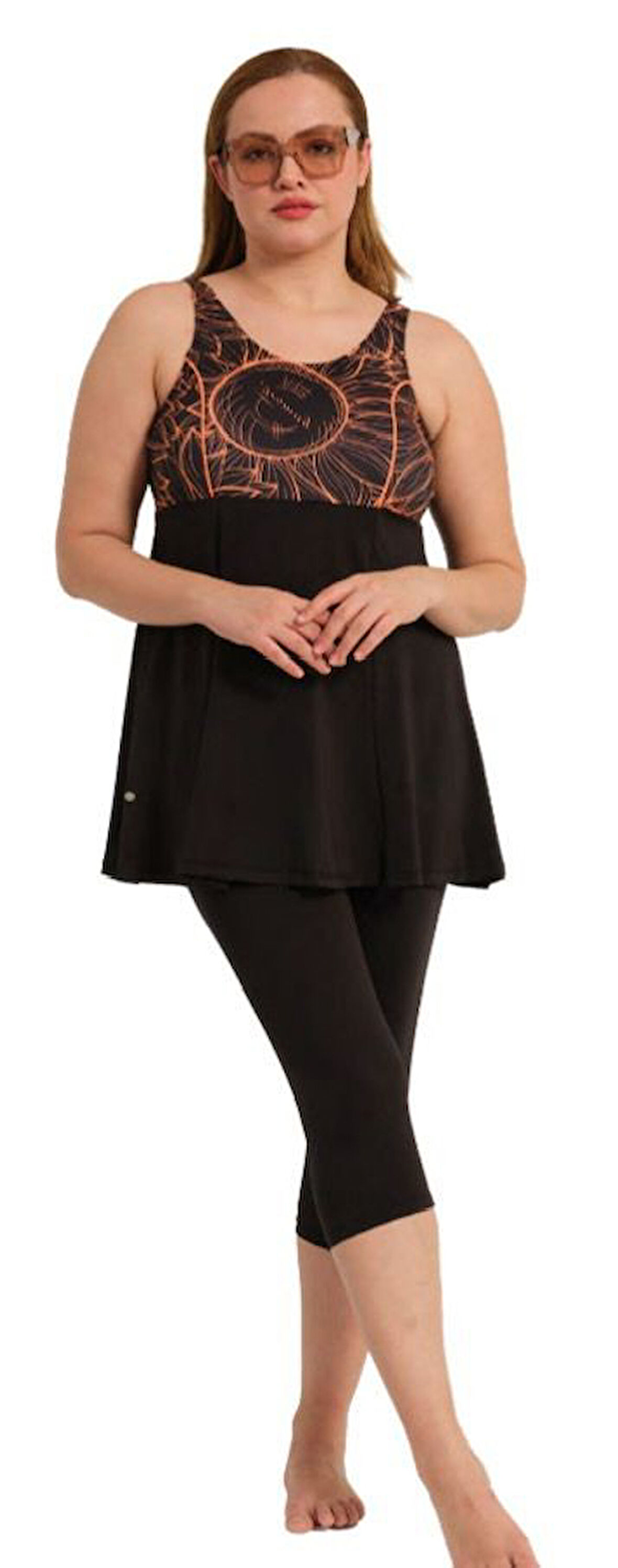 Tesmay 2528 Siyah Turuncu Askılı Taytlı Büyük Beden Havuz Mayosu