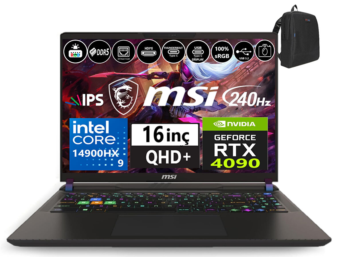 Msı Nb Vector 16 Hx Intel I9-14900HX 24GB Ddr5 512GB SSD 16GB/RTX4090 175W Freedos 16" 240HZ Qhd+ Taşınabilir Bilgisayar VECA14VIG-825XTR01+WEBLEGELSINÇANTA