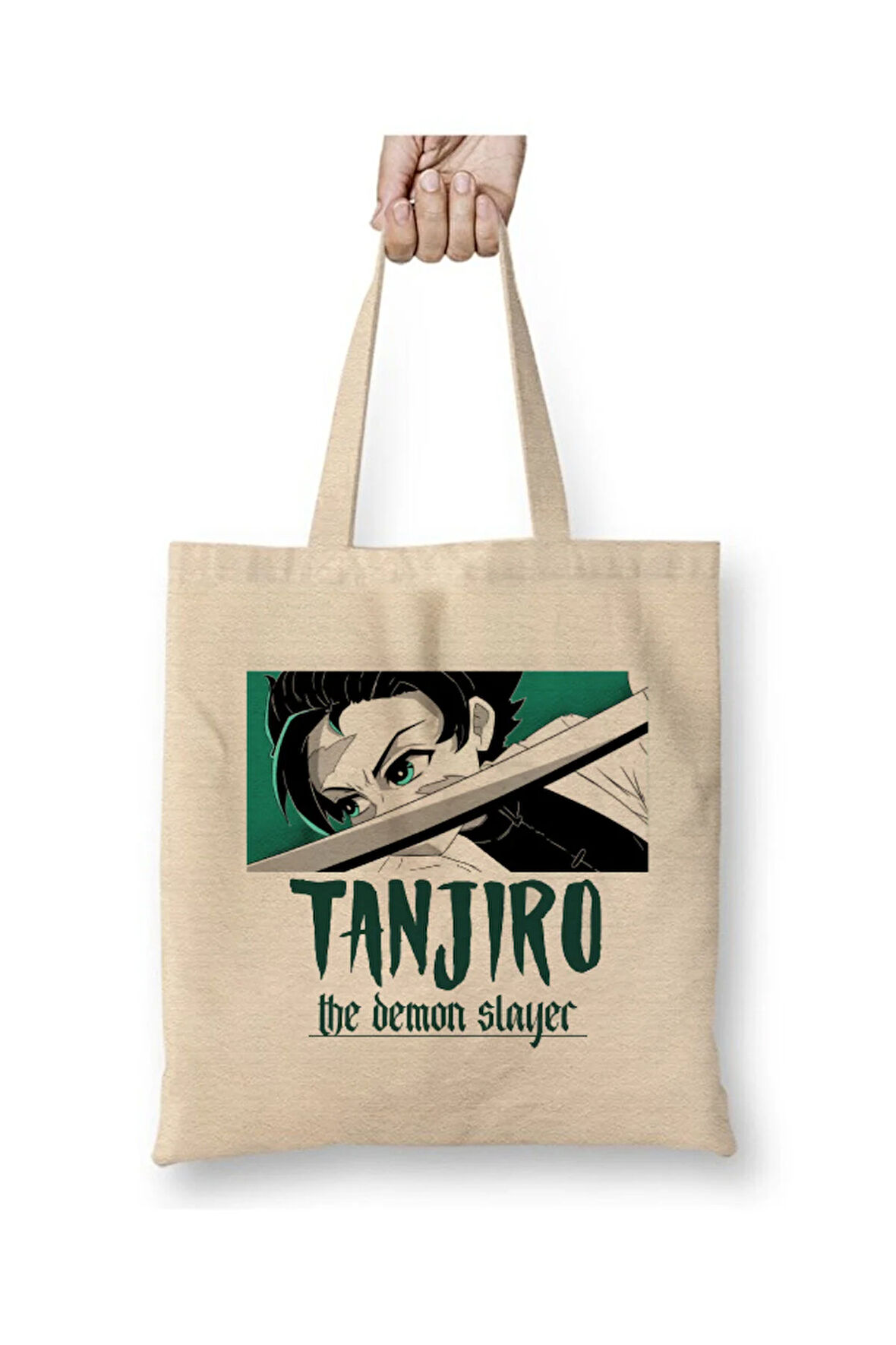 Tanjiro Demon Slayer Beyaz Bez Çanta Uzun Saplı Alışveriş Çantası Plaj Çantası
