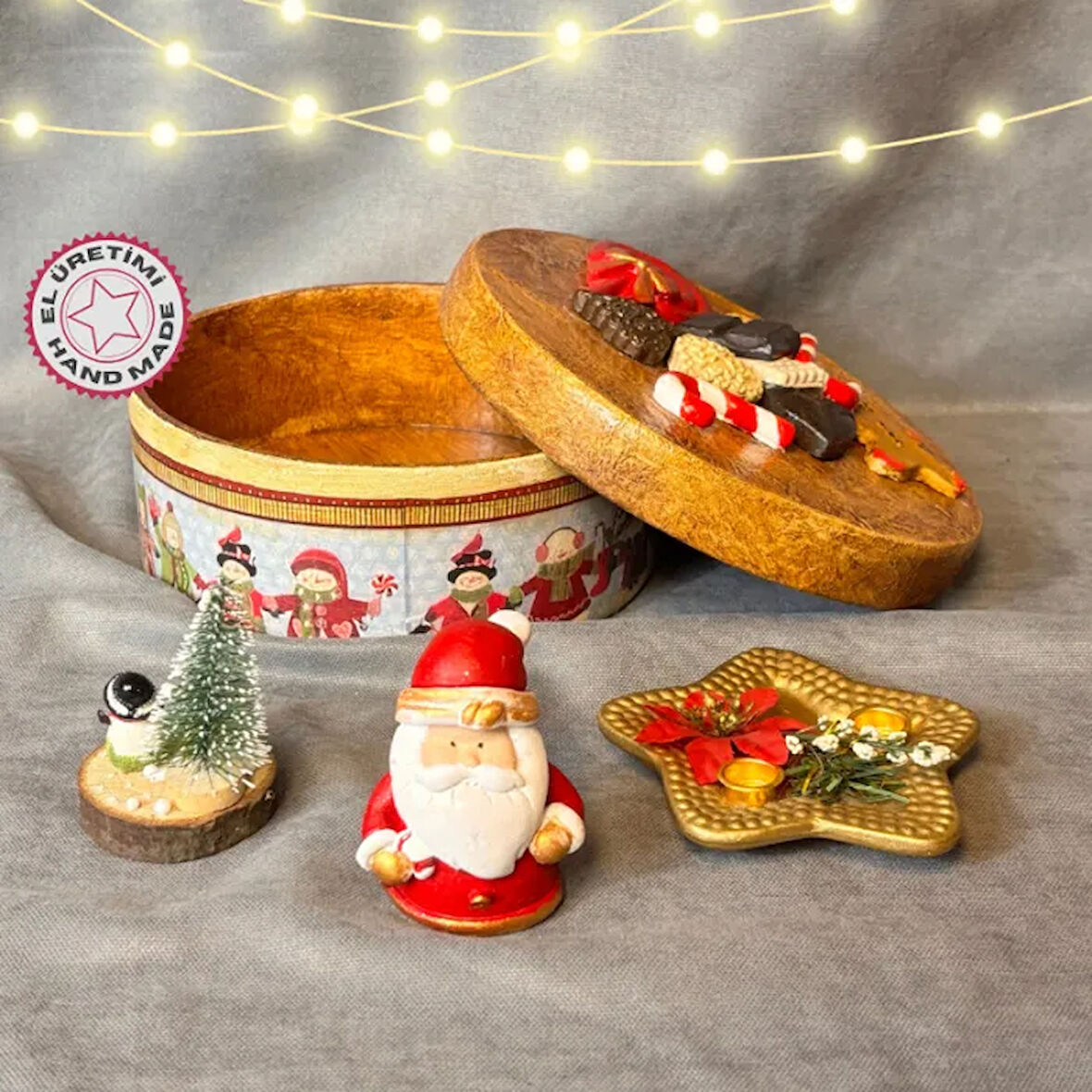 Uretti - Funda 1603 - El Yapımı Ahşap Kutu + Noel Baba Biblo + Kardan Adam Biblo + Mumluk Dekoratif Yılbaşı Seti