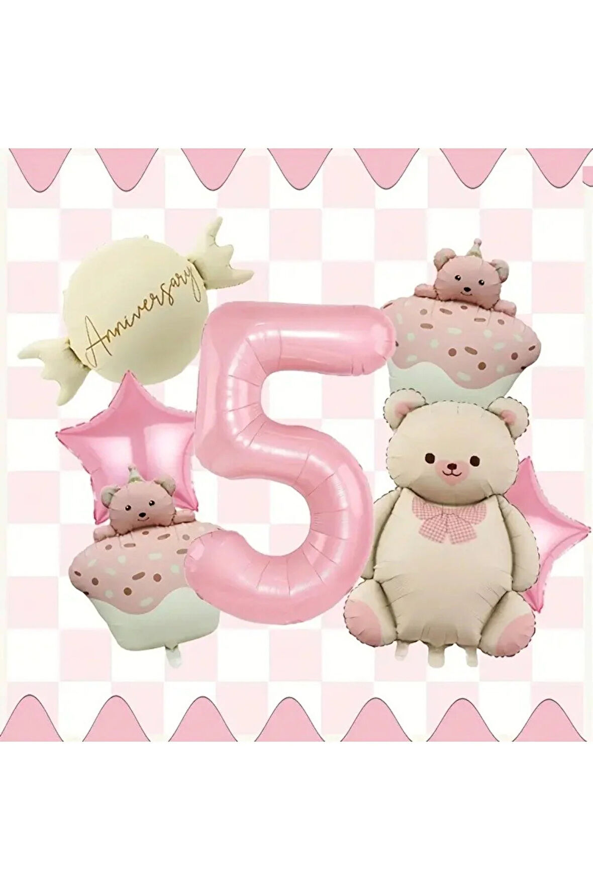 Küçük Ayı Pasta Folyo Balon Seti - Pembe Sevimli Ayı, Pasta Ayısı, Şeker Yıldız Balon yaş set
