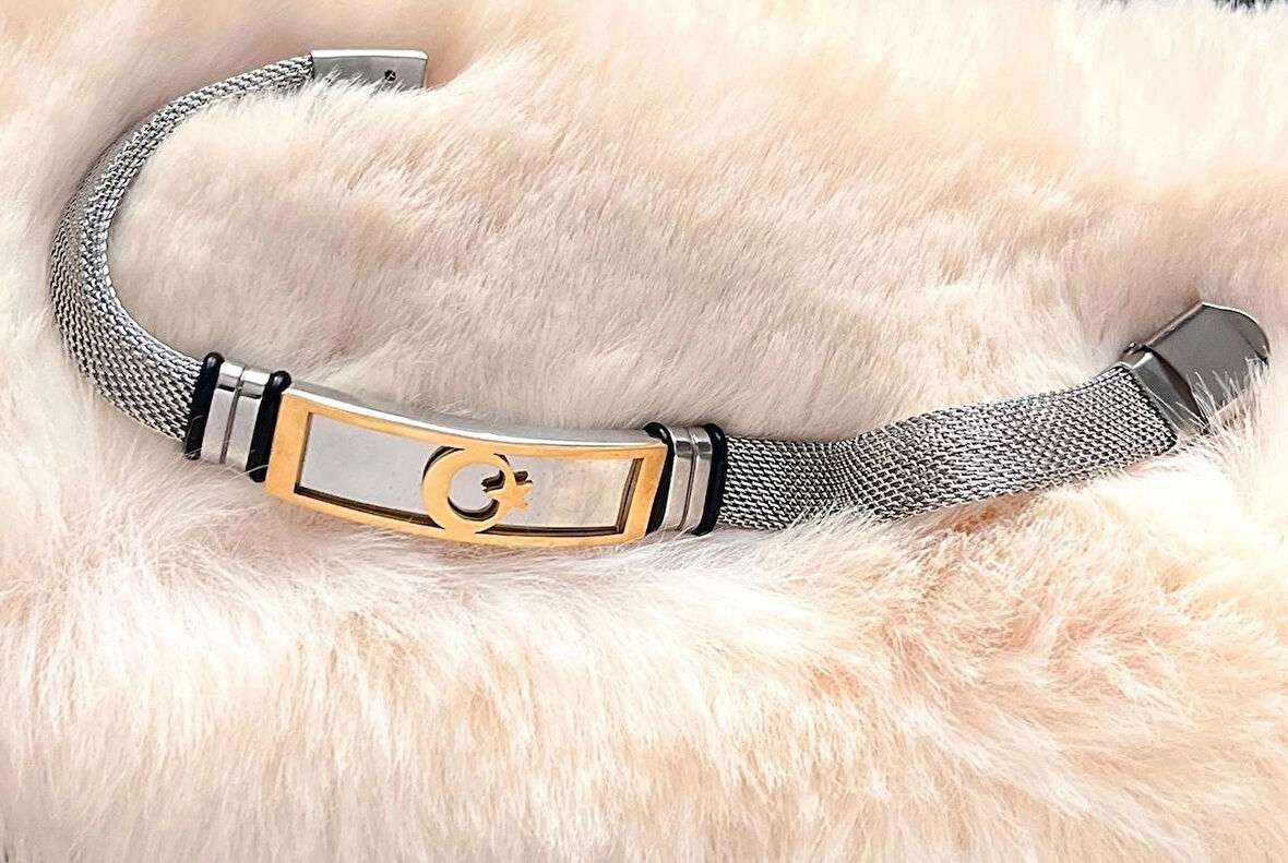 Ay Yıldız Türk Bayrağı Hasır Hafif Kordon Çelik Erkek Bileklik 23 cm