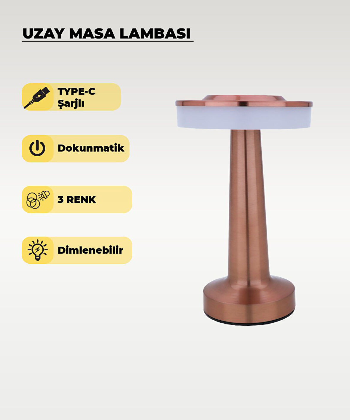 Rose Uzay Masa Lambası - Dokunmatik - 3 Renk Işık