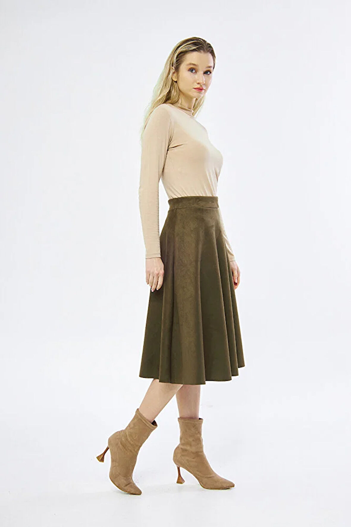 Midi boy Süet kiloş etek Vizon