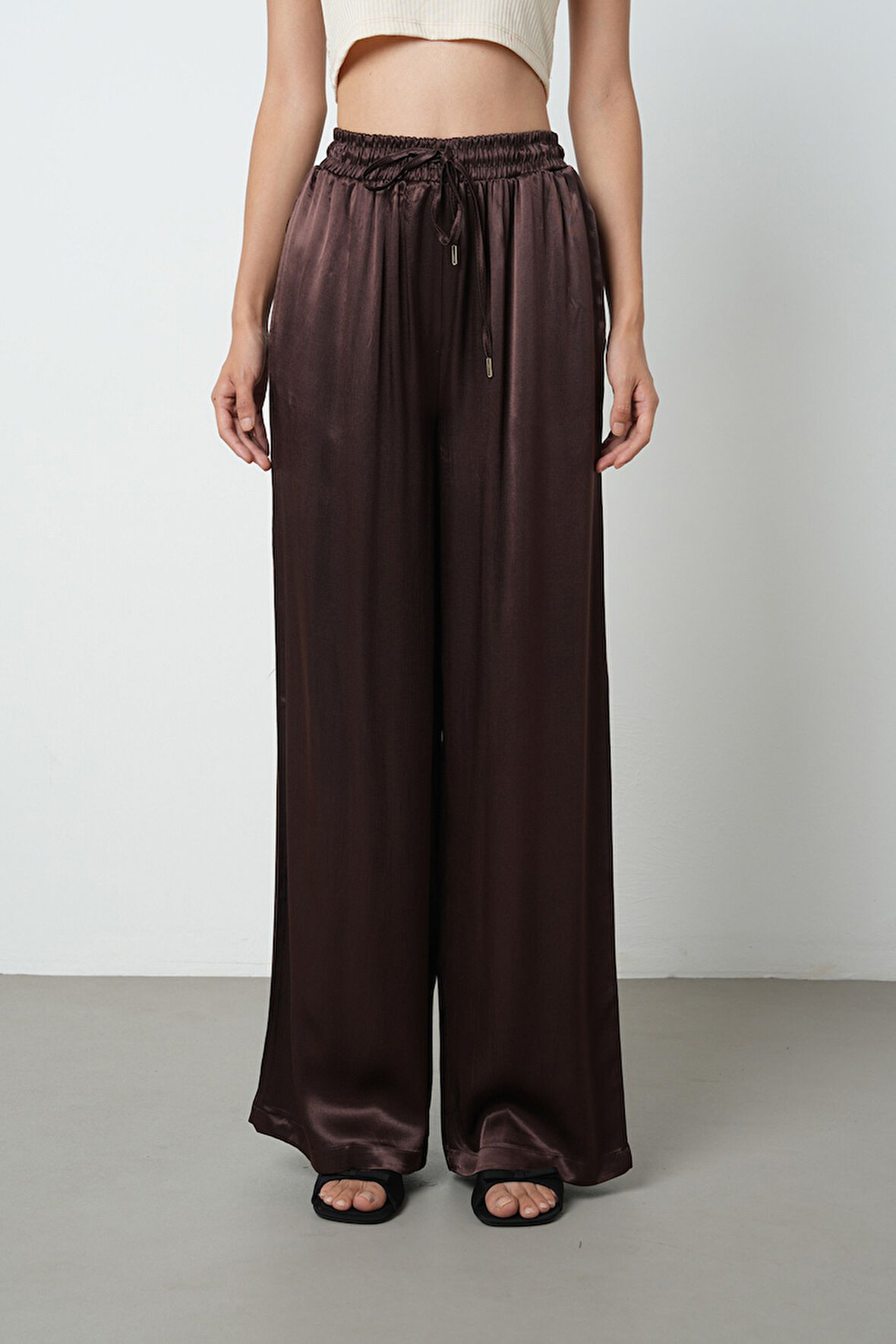 Kadın Kahverengi Düz %100 Viskoz Bol Paça Beli Lastikli Pantolon