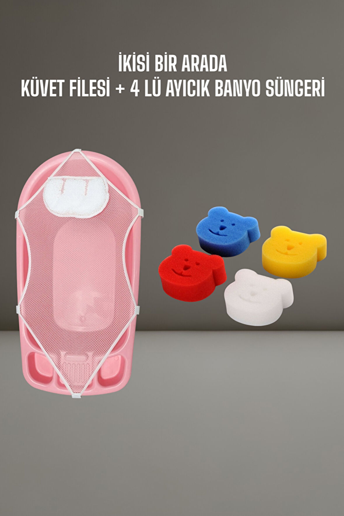 Tois Baby Lüx Kafa Yastıklı File + 4 lü Ayıcık Banyo Süngeri