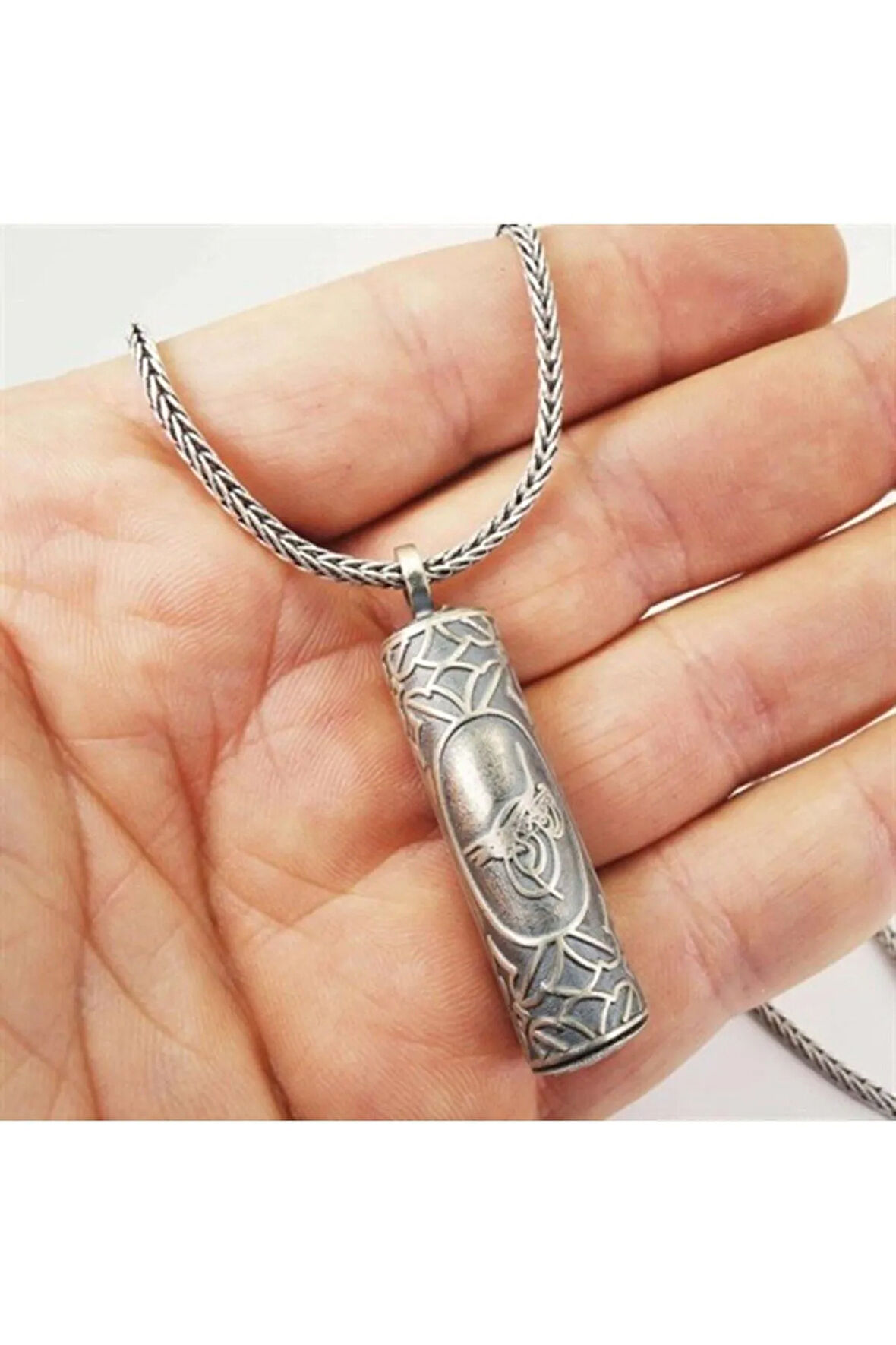 Erkek Gümüş Kolye - Silindir Gümüş Muska Cevşen Haznesi Kolye Zincir