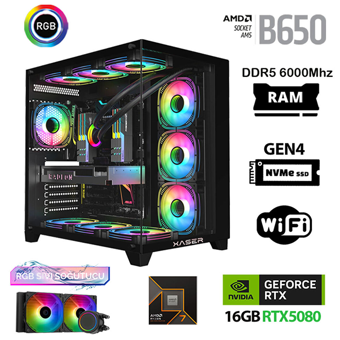 Xaser Velox x290 Ryzen 7 9800X3D 32GB DDR5 Ram 1TB M.2 NVMe SSD 16GB RTX5080 Masaüstü Oyuncu Bilgisayarı