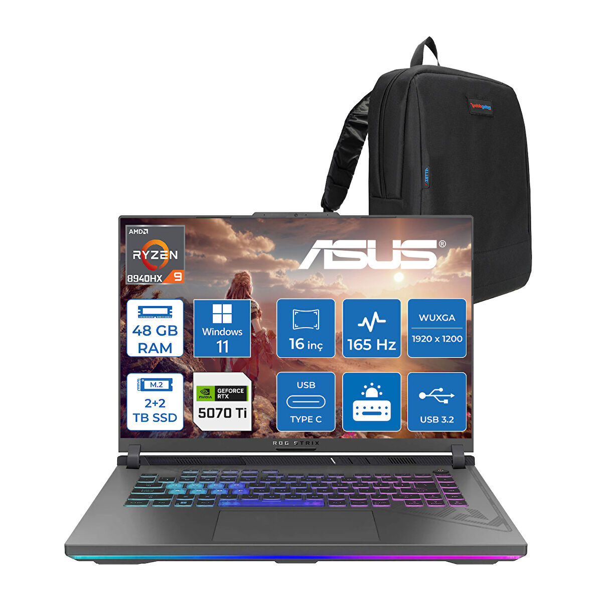 Asus Rog Strix G16 G614PR-RV050 Amd Ryzen 9 8940HX Aı 48 GB GB 2tb Ssd+2tb SSD 12 GB/RTX5070Tİ Gddr7 140W 16" Wuxga 165Hz 300NİTS  Windows 11 Pro Taşınabilir Bilgisayar WRV050W22+ZETTAÇANTA