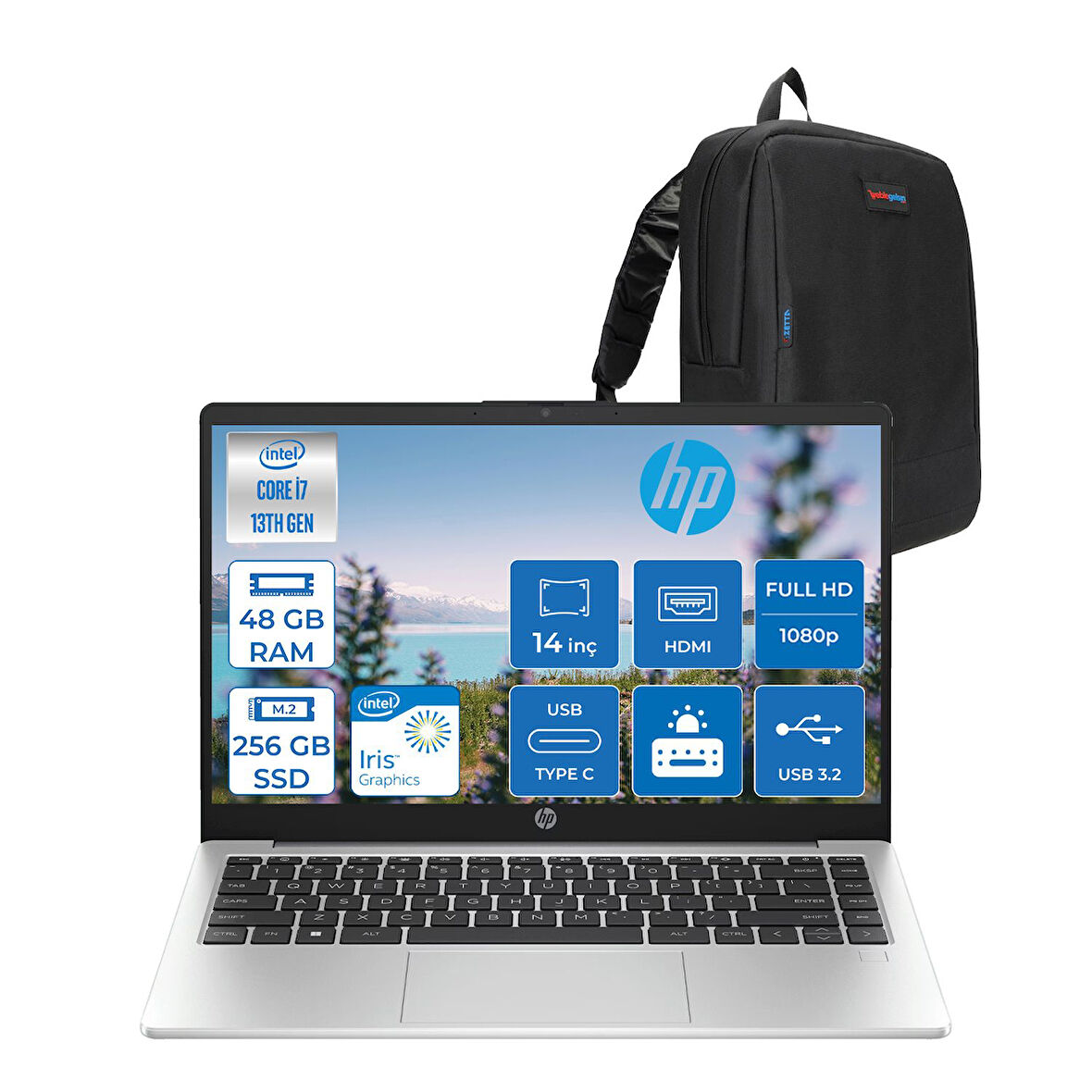 Hp 240 G10 Intel Core I7 1360P 48GB 256GB SSD 14" Fhd Freedos Taşınabilir Bilgisayar G108A557EAF16+ZETTAÇANTA
