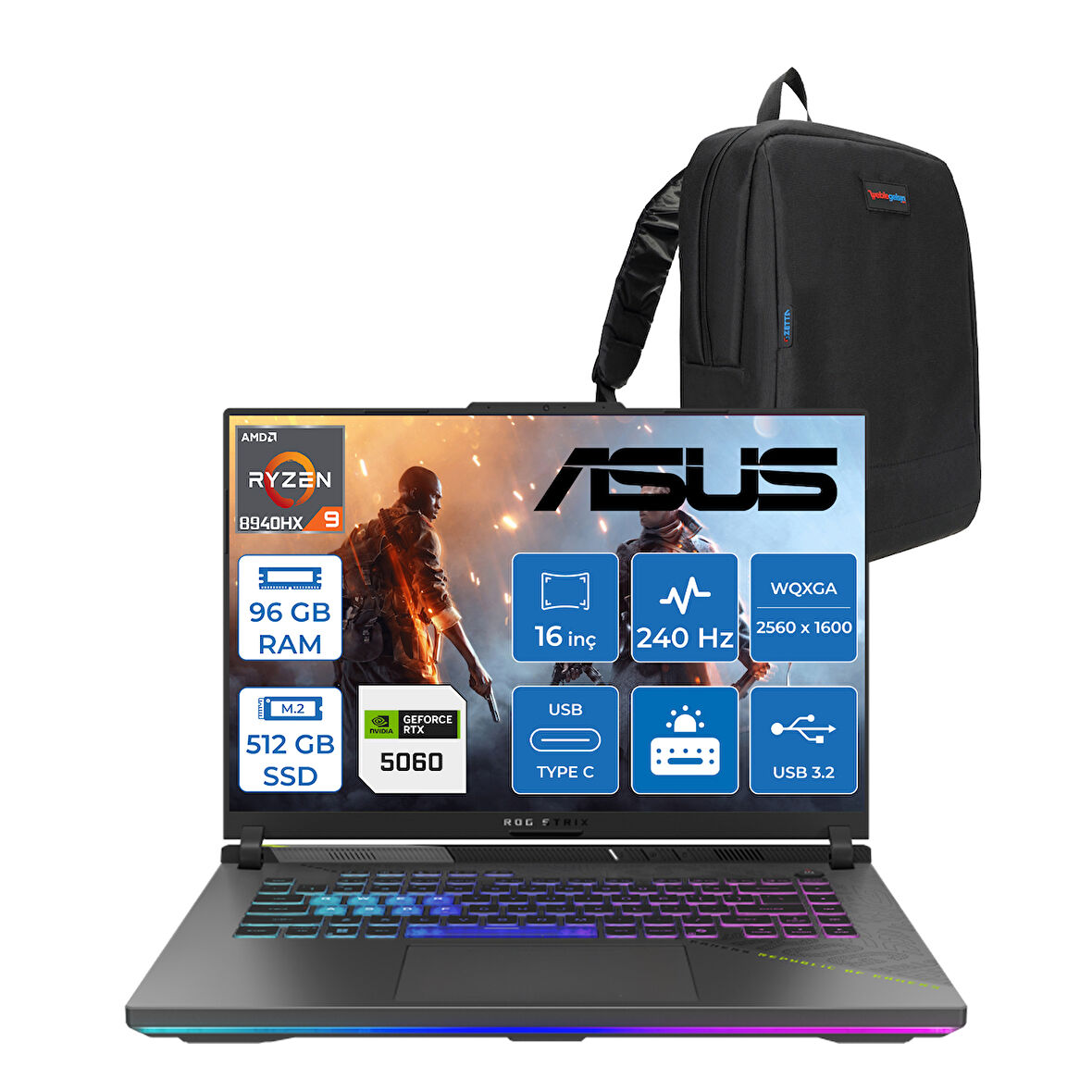 Asus Rog Strix G16 G614PM-S5062 Amd Ryzen 9 8940HX Aı 96GB GB 512GB SSD 8GB/RTX5060 Gddr7 115W 16"/ 2.5k (2560 x 1600, Wqxga) 3ms 240Hz, 500 Nits Freedos Gaming Laptop WS5062F41+ZETTAÇANTA