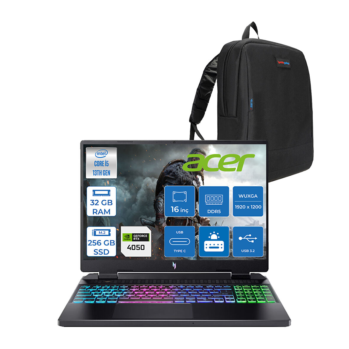 Acer nitro AN16 Intel İ5-13420H 32GB Ddr5 256GB SSD 6GB/RTX4050 16'' Wuxga (1920X1200) IPS 165Hz Nvıdıag-Sync Freedos Gaming Laptop NHQJMEY005F06+ZETTAÇANTA
