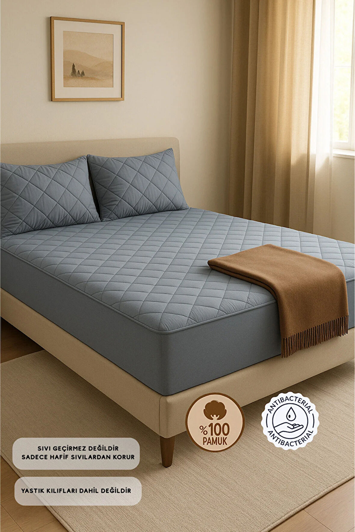 Renkli Gri Kapitone Yatak Koruyucu Fitted Ful Kenar Alez Çarşaf %100 Pamuk Tek Çift Battal 10 Ebat