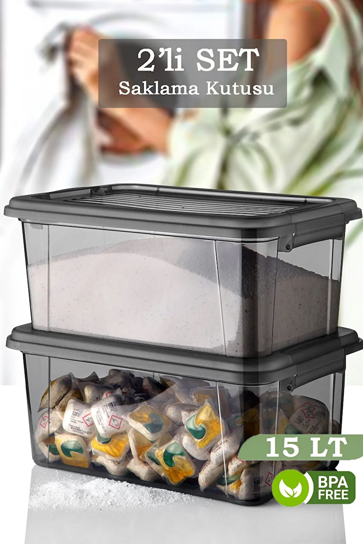 2'li Vera 15 Lt Kilit Kapaklı Deterjanlık Saklama Kutusu Banyo Düzenleyici Un Bakliyat Kabı Antrasit