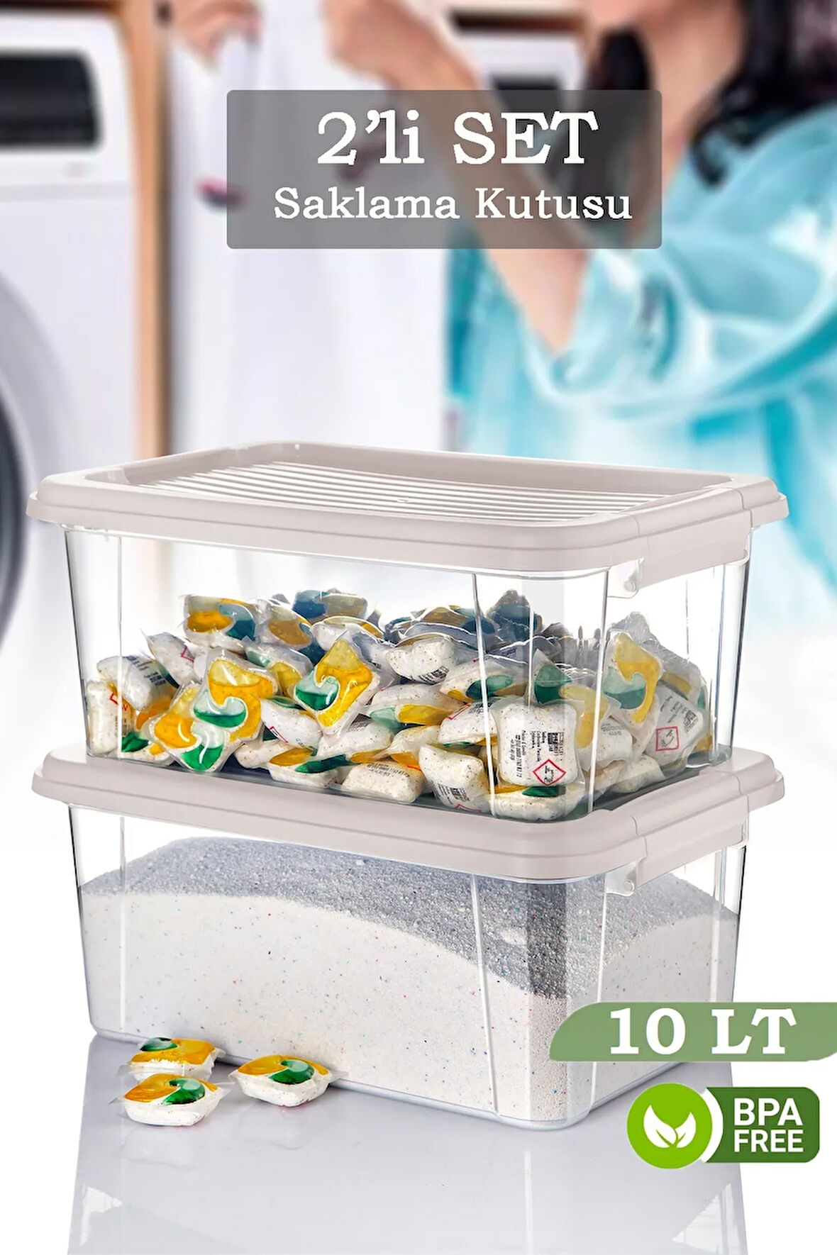 2'li Vera 10 Lt Kilit Kapaklı Deterjanlık Saklama Kutusu Banyo Düzenleyici - Un Bakliyat Kabı Beyaz