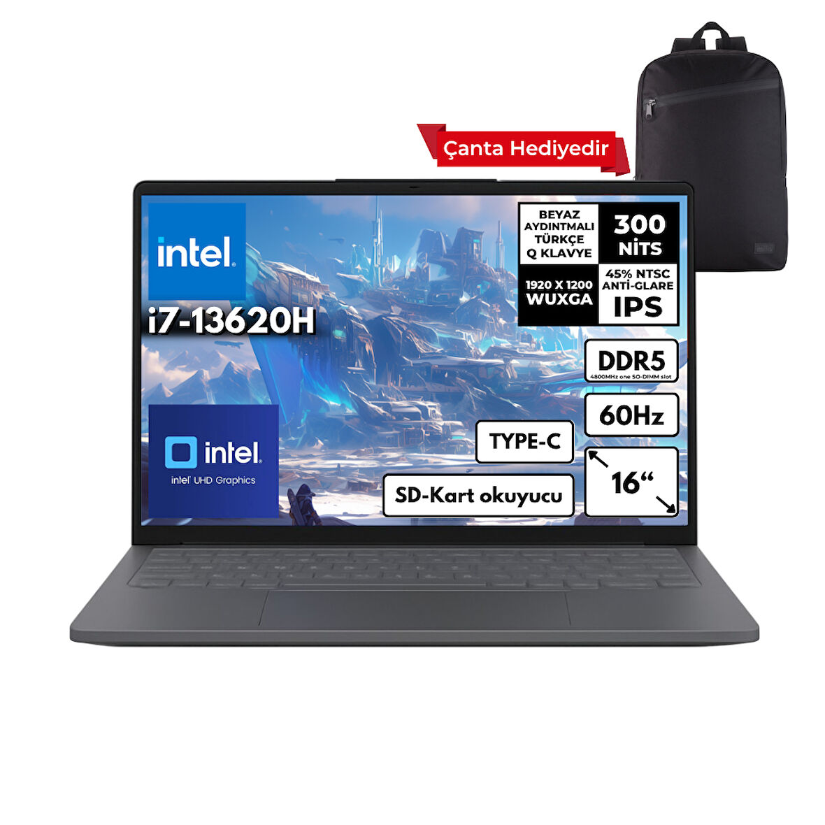 Lenovo Ideapad Slim 3 i7-13620H 40-GBDDR5 512 GBSSD Intel® UHD Graphics 16" WUXGA Freedos + Sırt Çantası Notebook 83K2001WTRHMF16