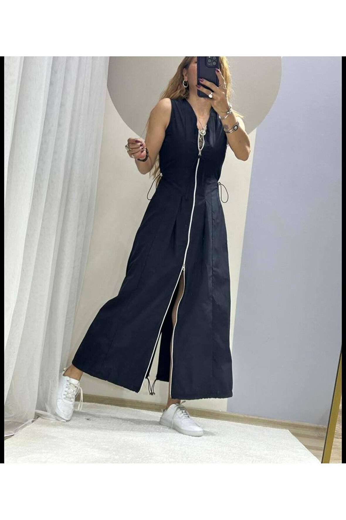 İthal lucy kumaş stoper beli lastik detaylı elbise