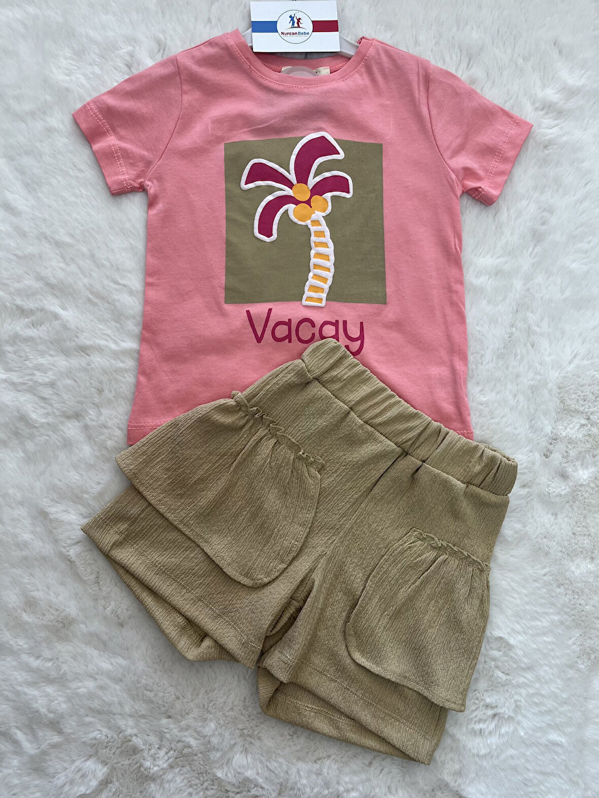 Palmiyeli Eteği Müslin Kız İkili Takım