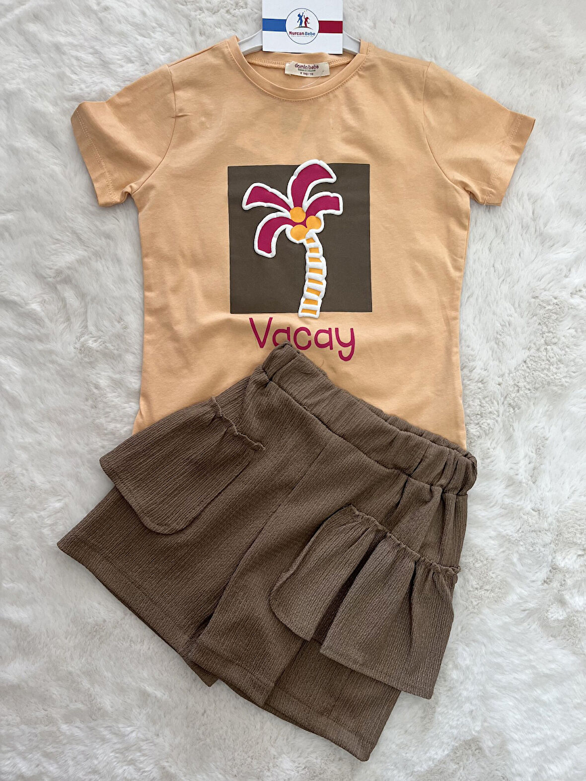 Palmiyeli Eteği Müslin Kız İkili Takım